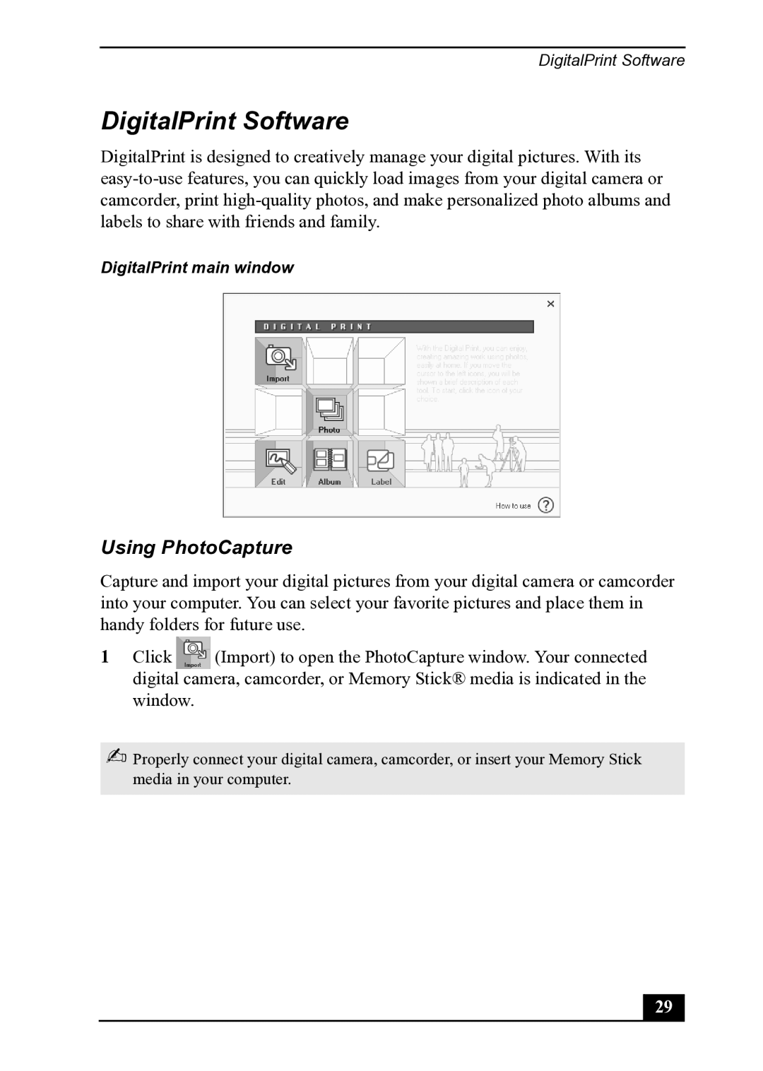 Sony PCV-MXS20 manual DigitalPrint Software, Using PhotoCapture 