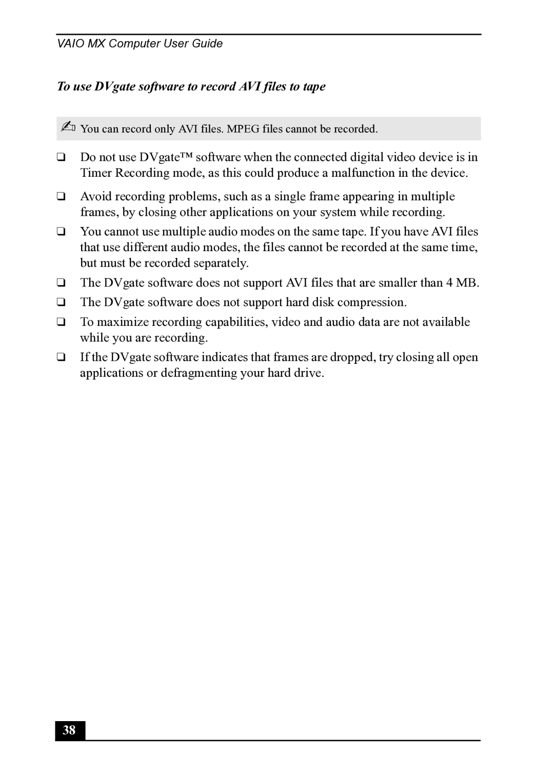 Sony PCV-MXS20 manual To use DVgate software to record AVI files to tape 