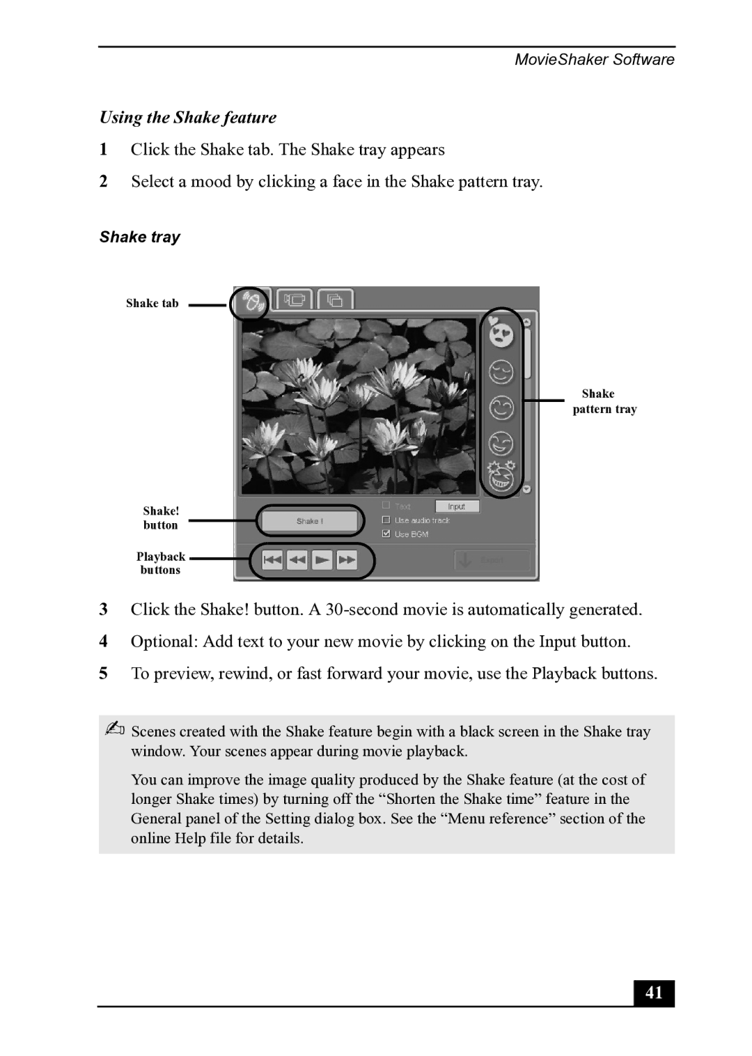 Sony PCV-MXS20 manual Using the Shake feature 