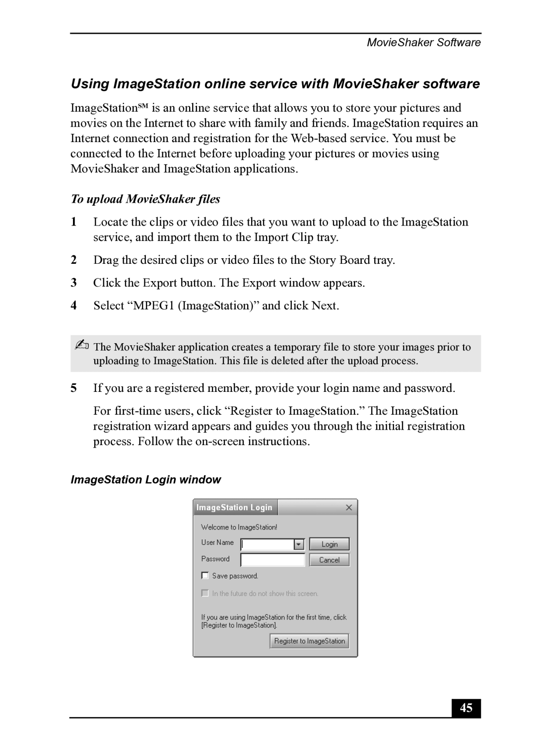 Sony PCV-MXS20 manual Using ImageStation online service with MovieShaker software, To upload MovieShaker files 