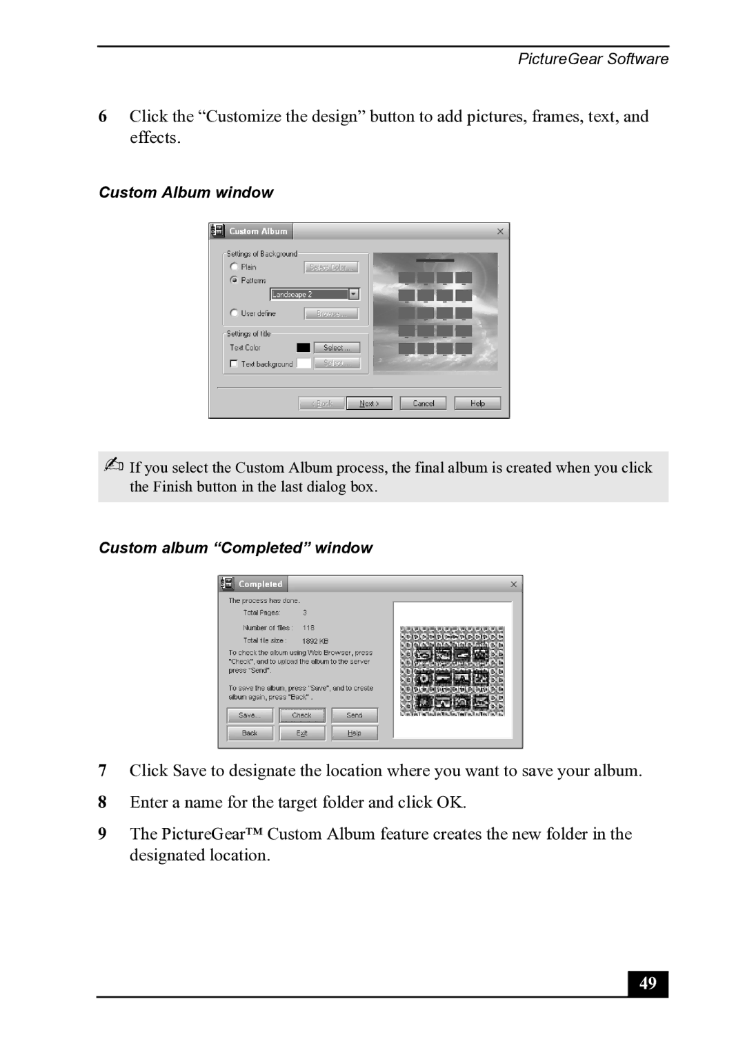 Sony PCV-MXS20 manual Custom album Completed window 