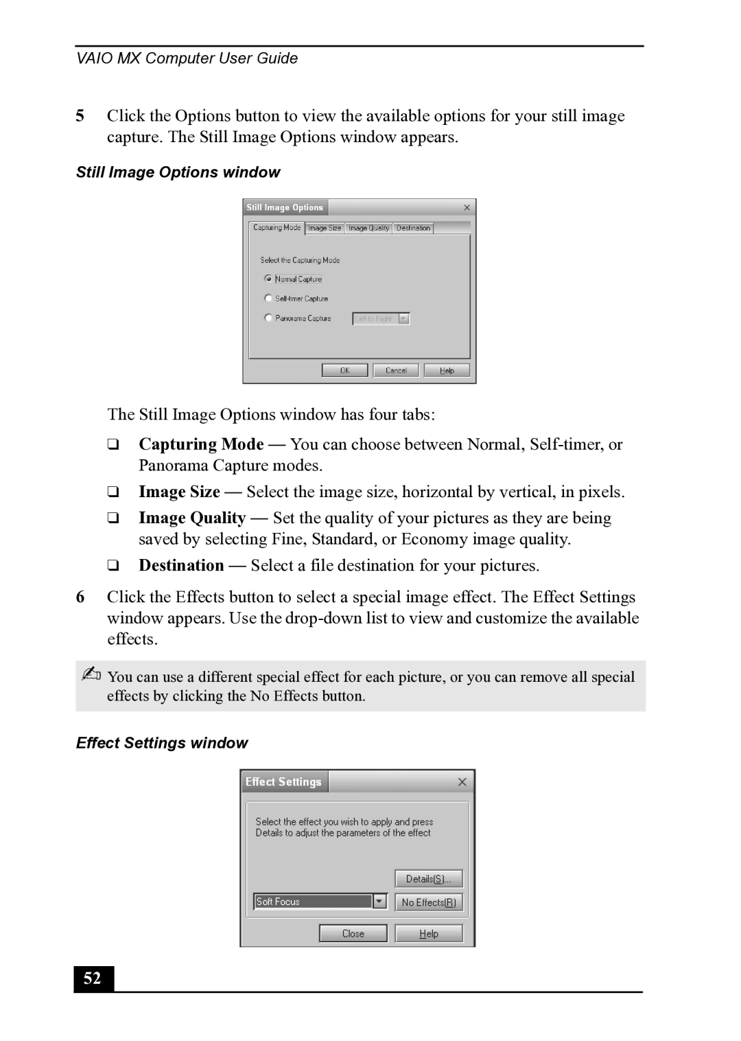 Sony PCV-MXS20 manual Still Image Options window 