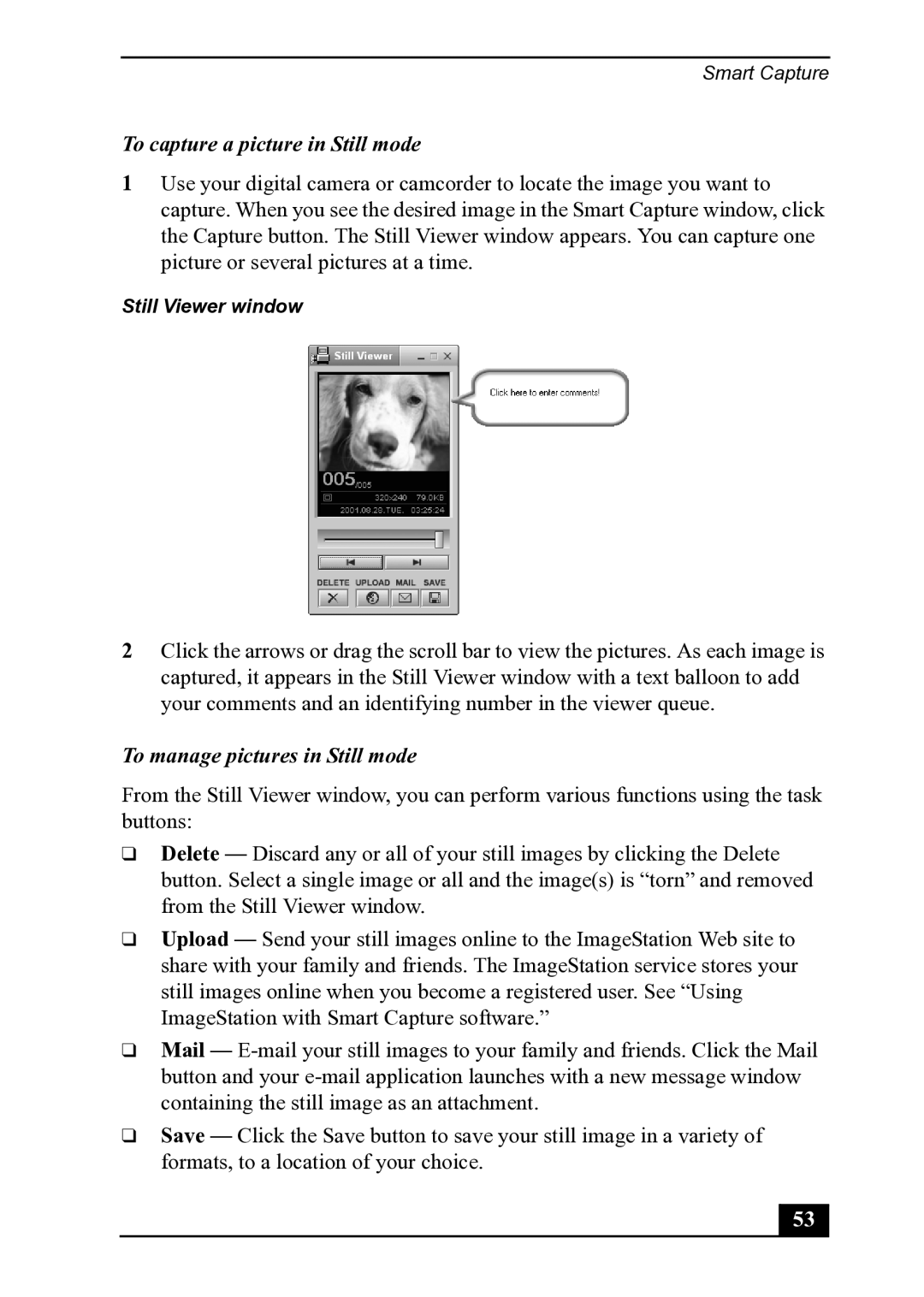 Sony PCV-MXS20 manual To capture a picture in Still mode, To manage pictures in Still mode 