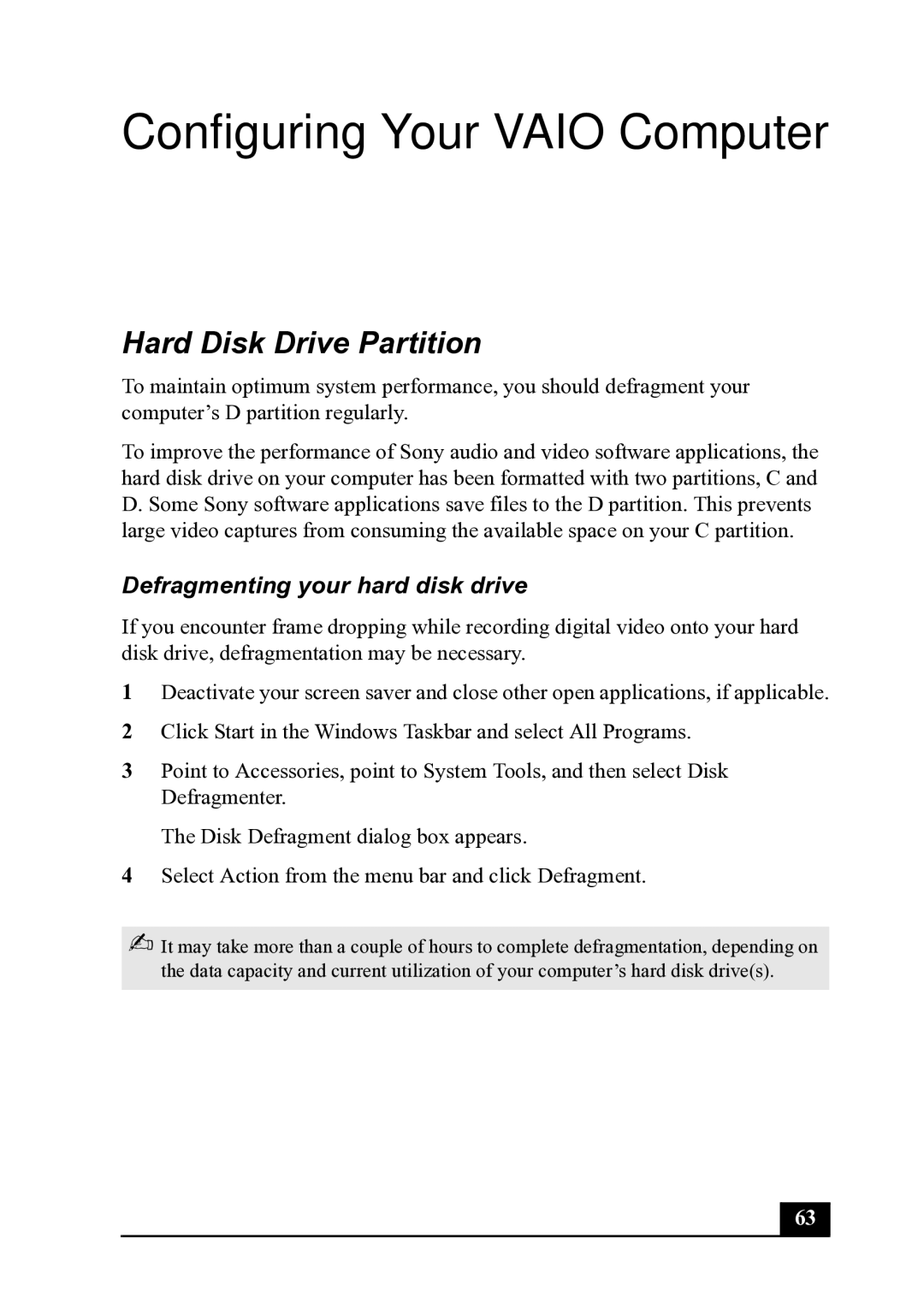 Sony PCV-MXS20 manual Hard Disk Drive Partition, Defragmenting your hard disk drive 