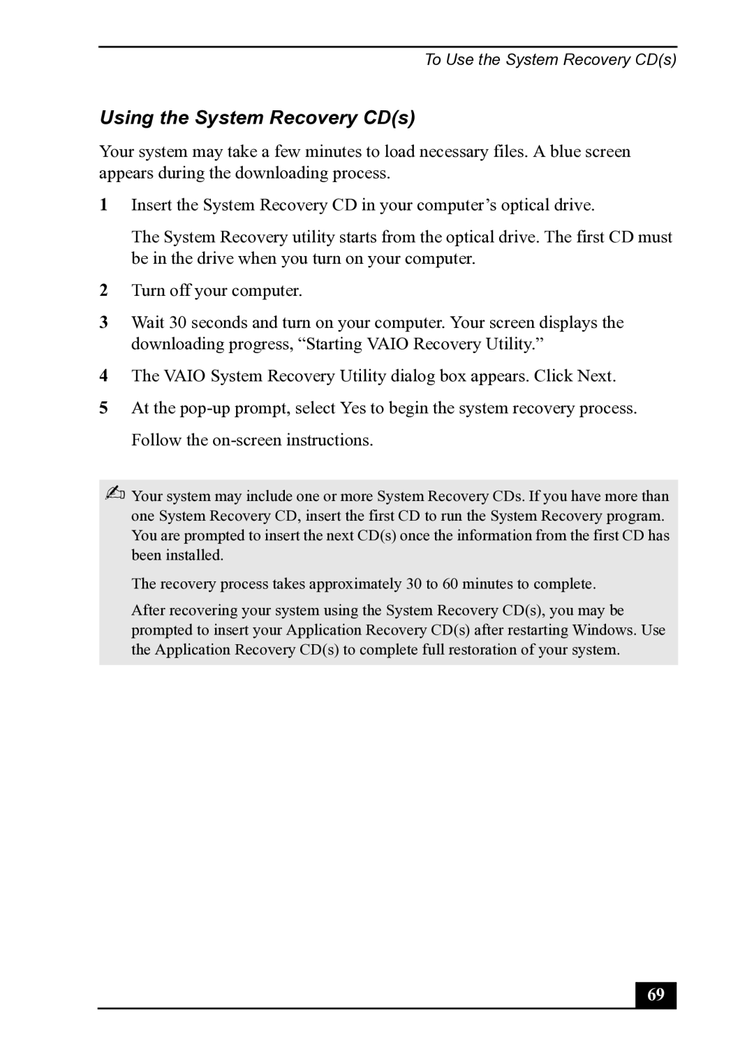 Sony PCV-MXS20 manual Using the System Recovery CDs 