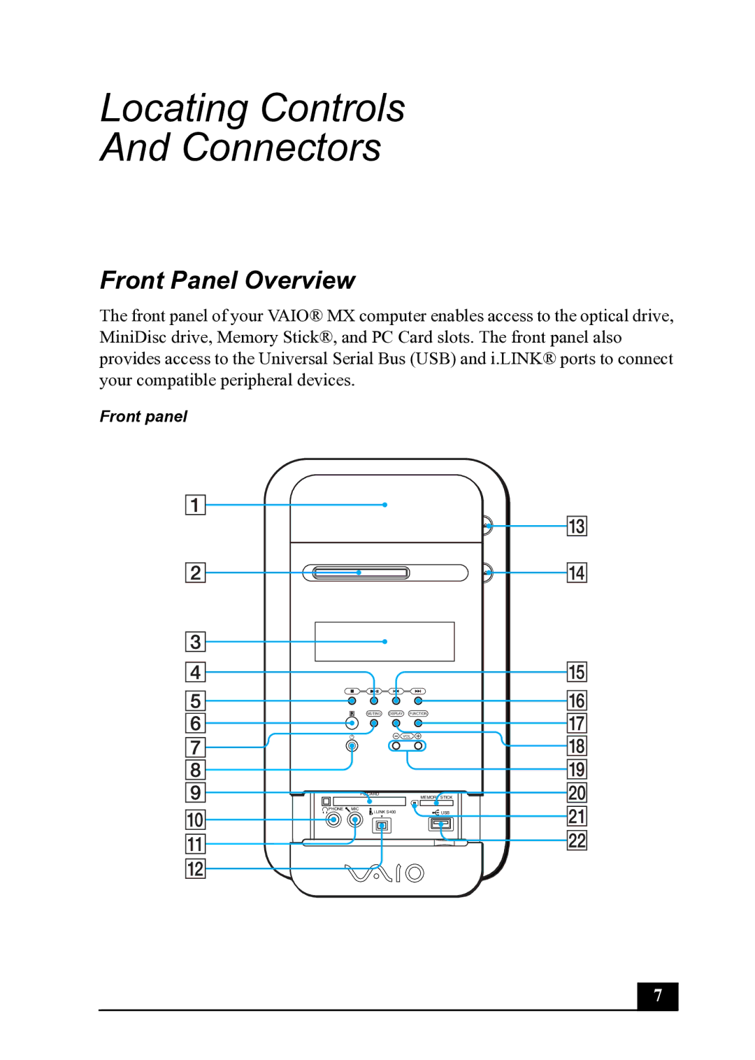 Sony PCV-MXS20 manual Locating Controls Connectors, Front Panel Overview 