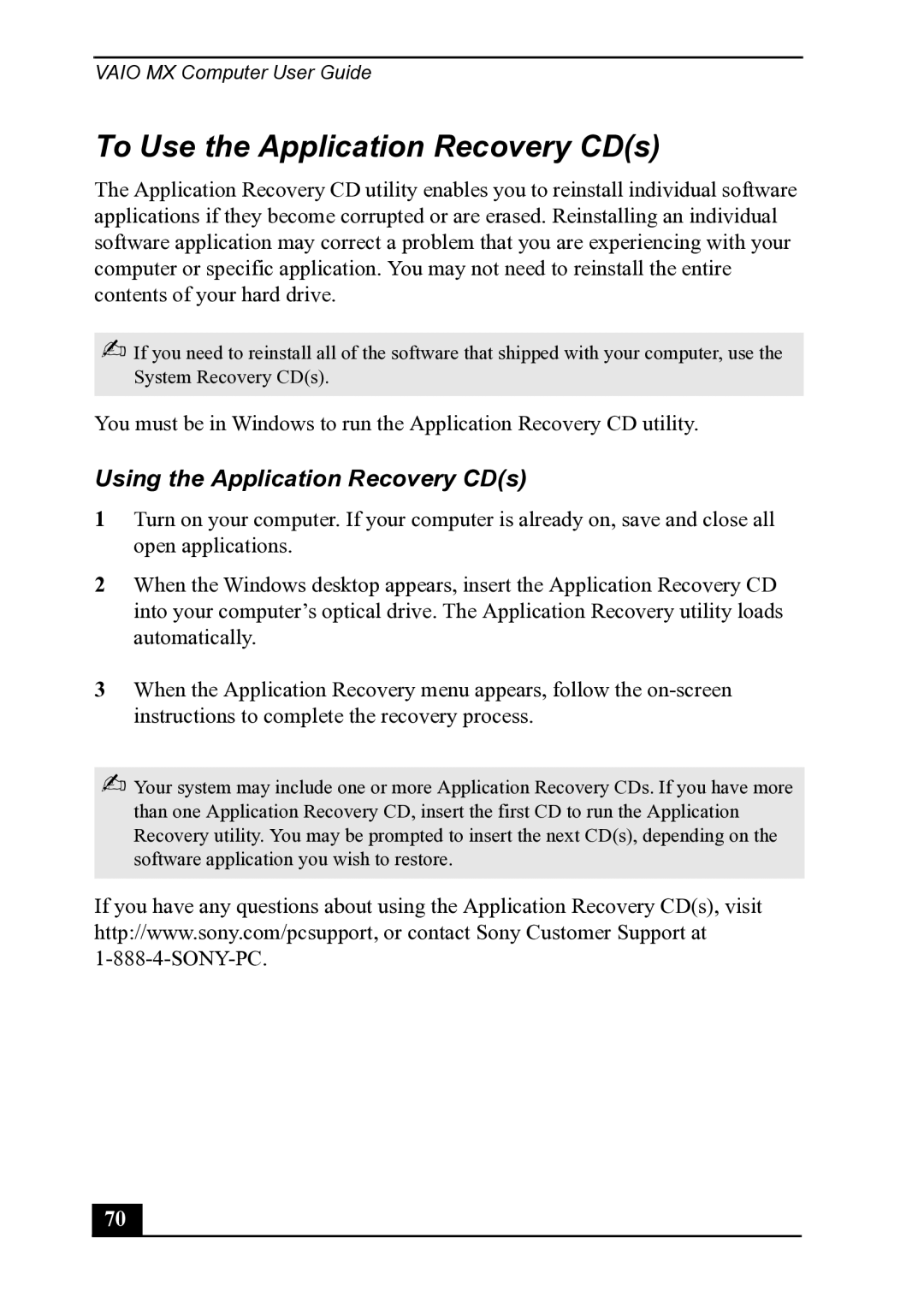 Sony PCV-MXS20 manual To Use the Application Recovery CDs, Using the Application Recovery CDs 