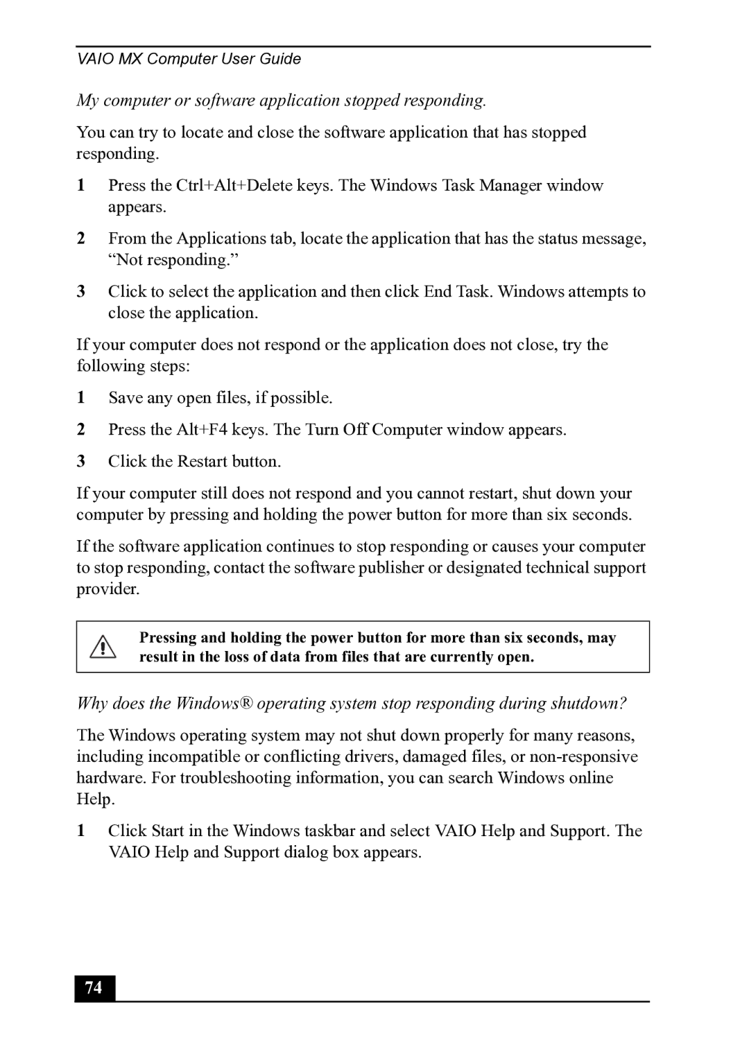 Sony PCV-MXS20 manual My computer or software application stopped responding 