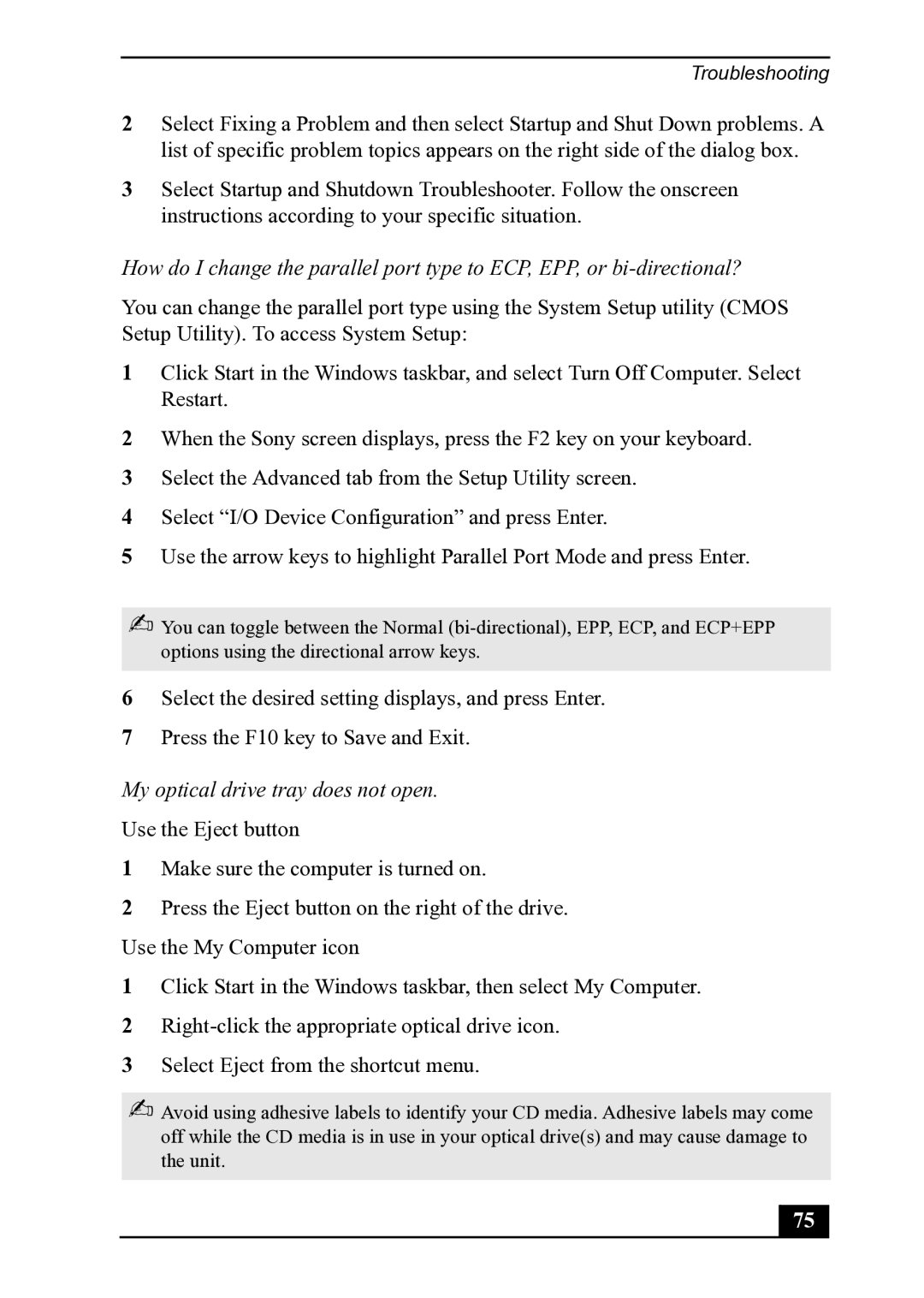 Sony PCV-MXS20 manual My optical drive tray does not open 