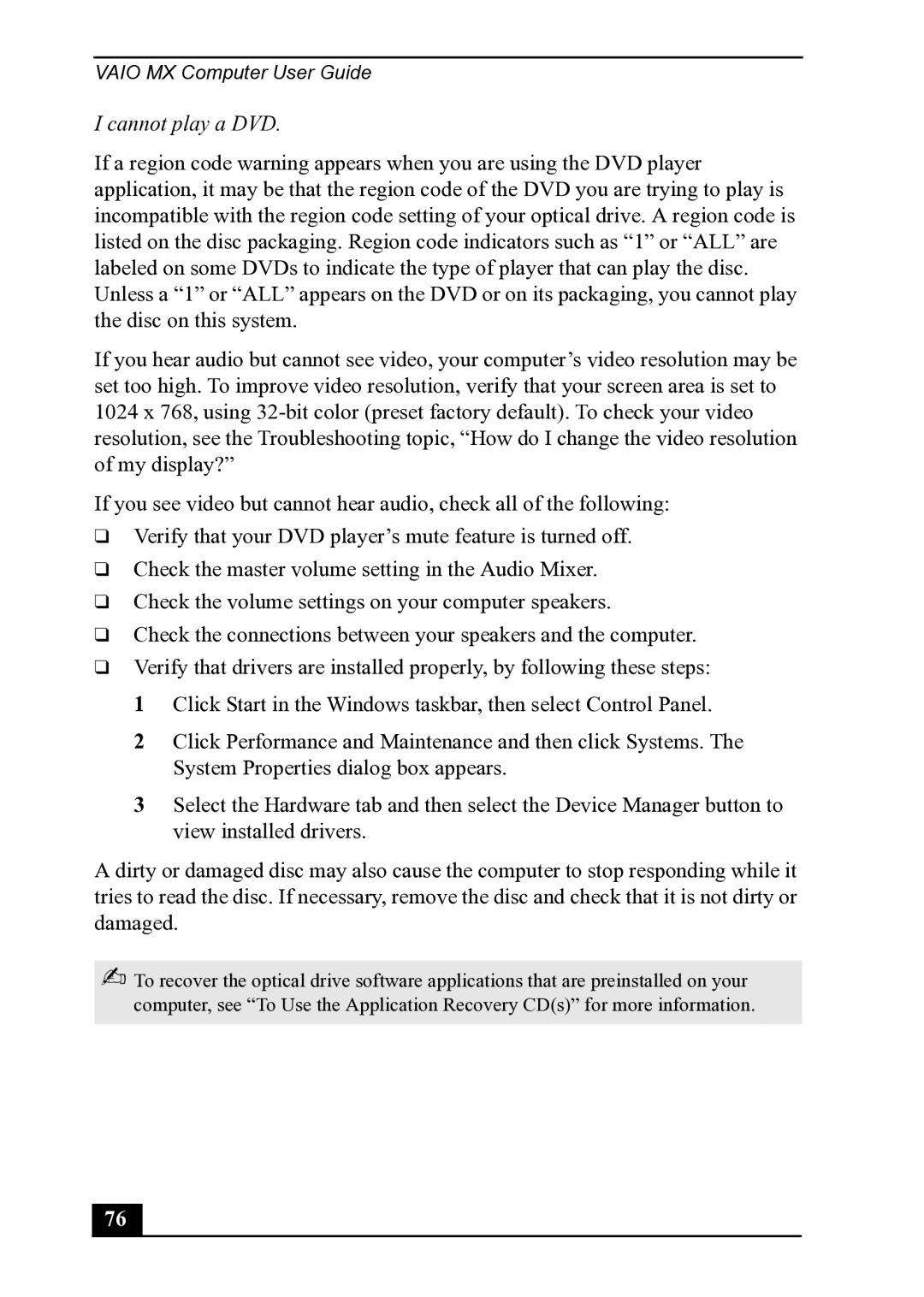 Sony PCV-MXS20 manual Cannot play a DVD 