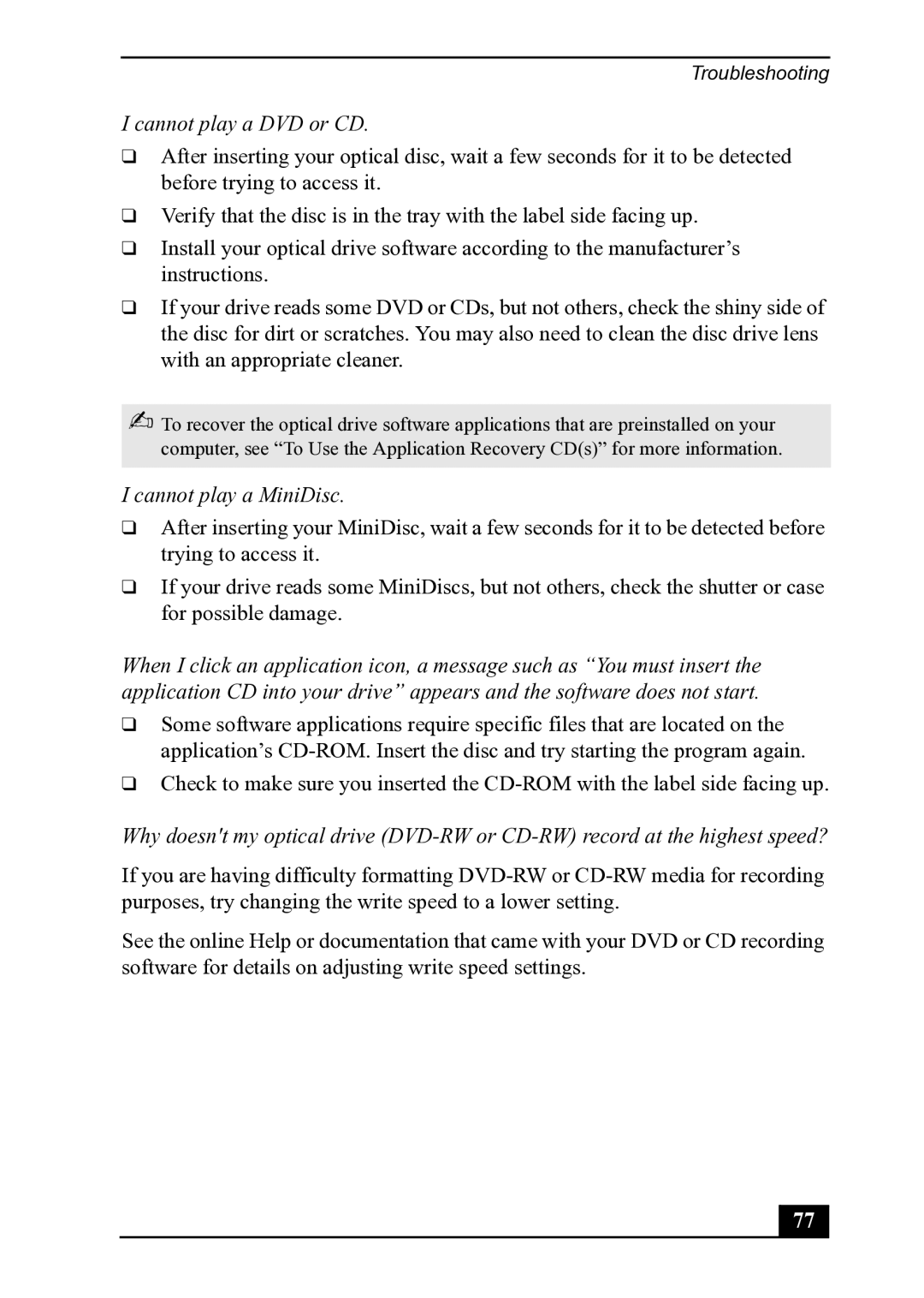 Sony PCV-MXS20 manual Cannot play a DVD or CD, Cannot play a MiniDisc 