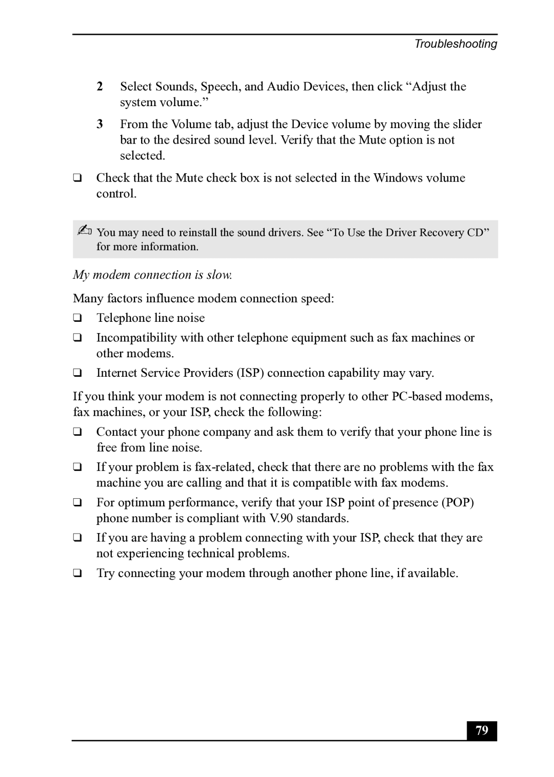 Sony PCV-MXS20 manual My modem connection is slow 