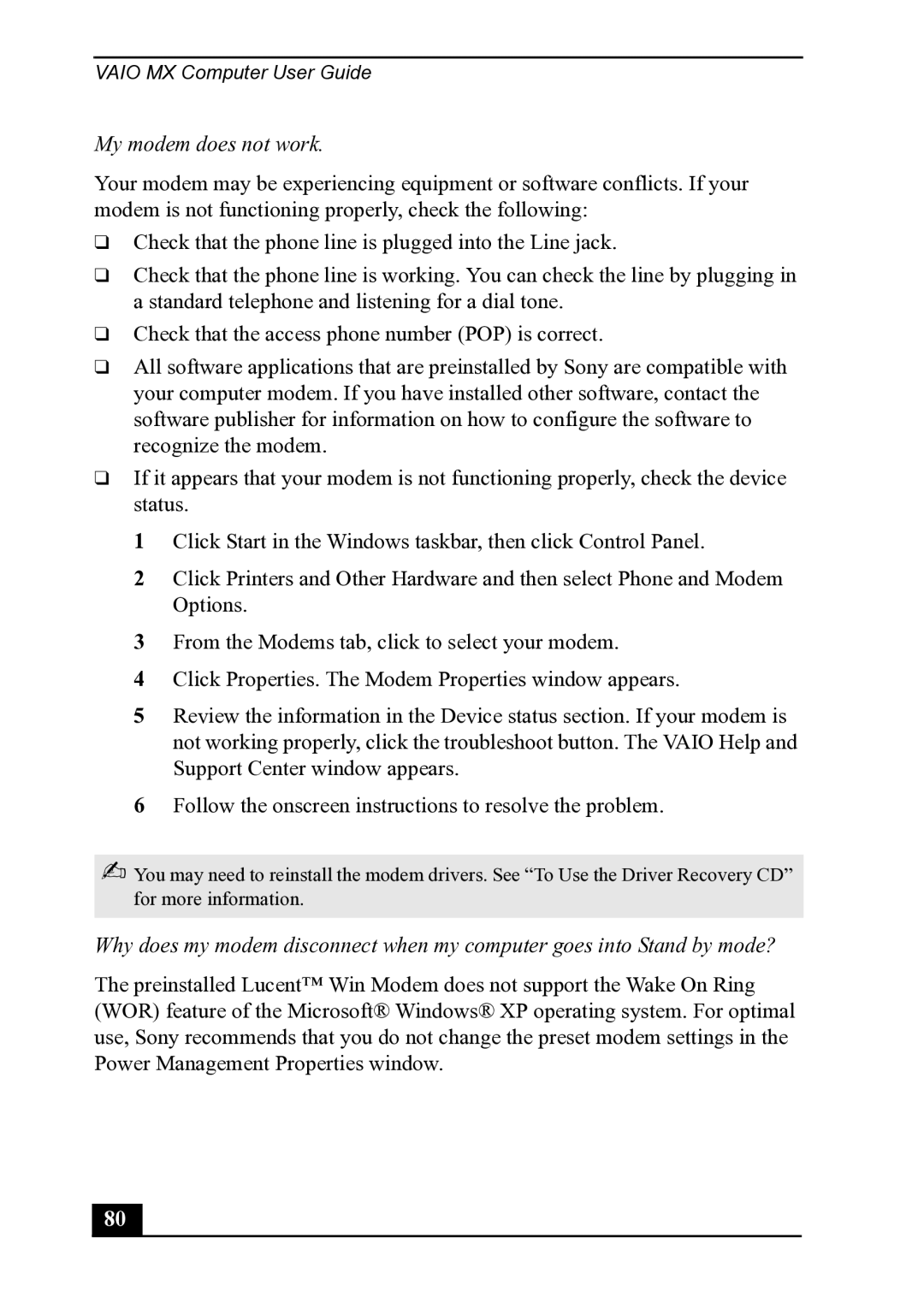 Sony PCV-MXS20 manual My modem does not work 