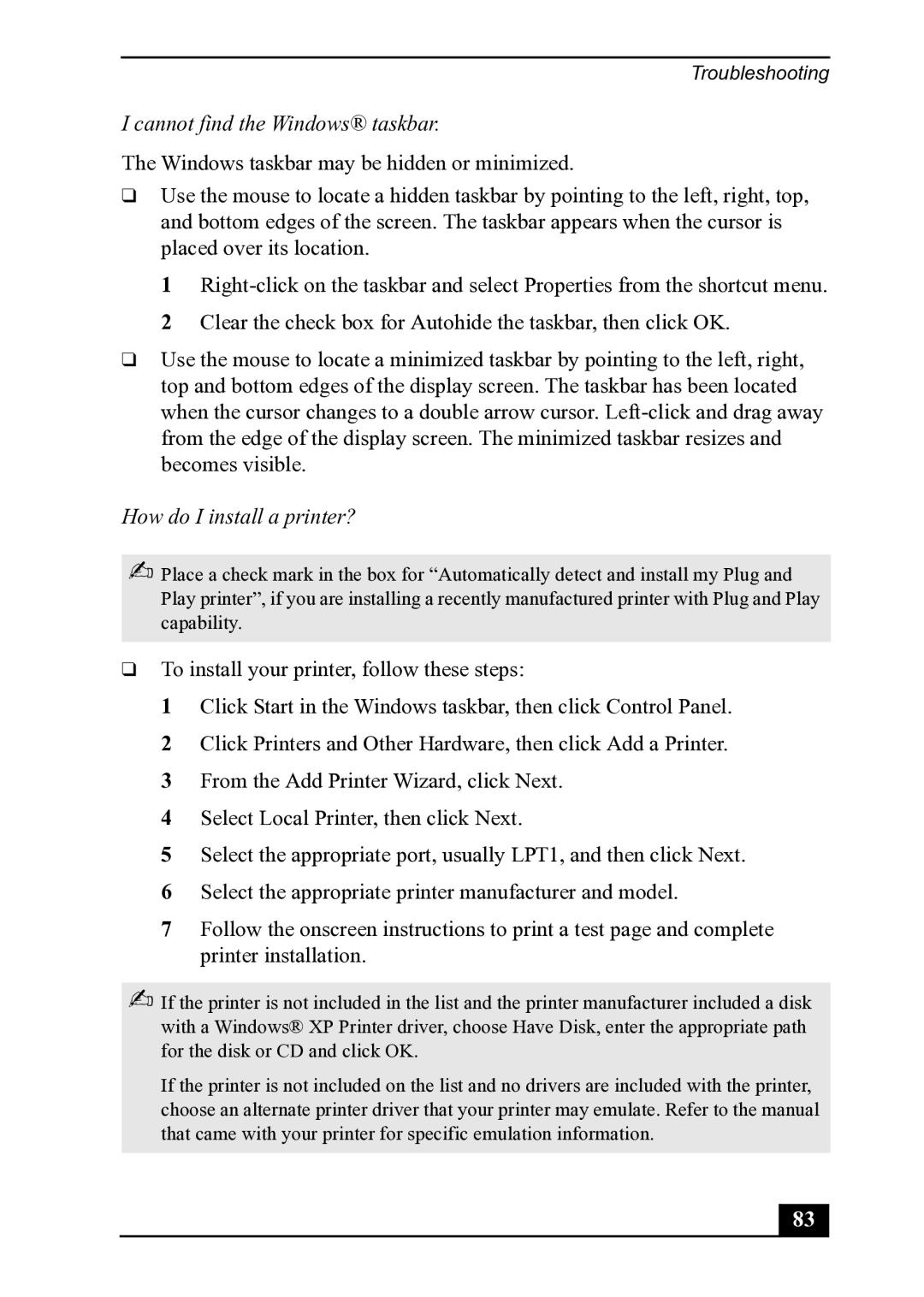 Sony PCV-MXS20 manual Cannot find the Windows taskbar, How do I install a printer? 