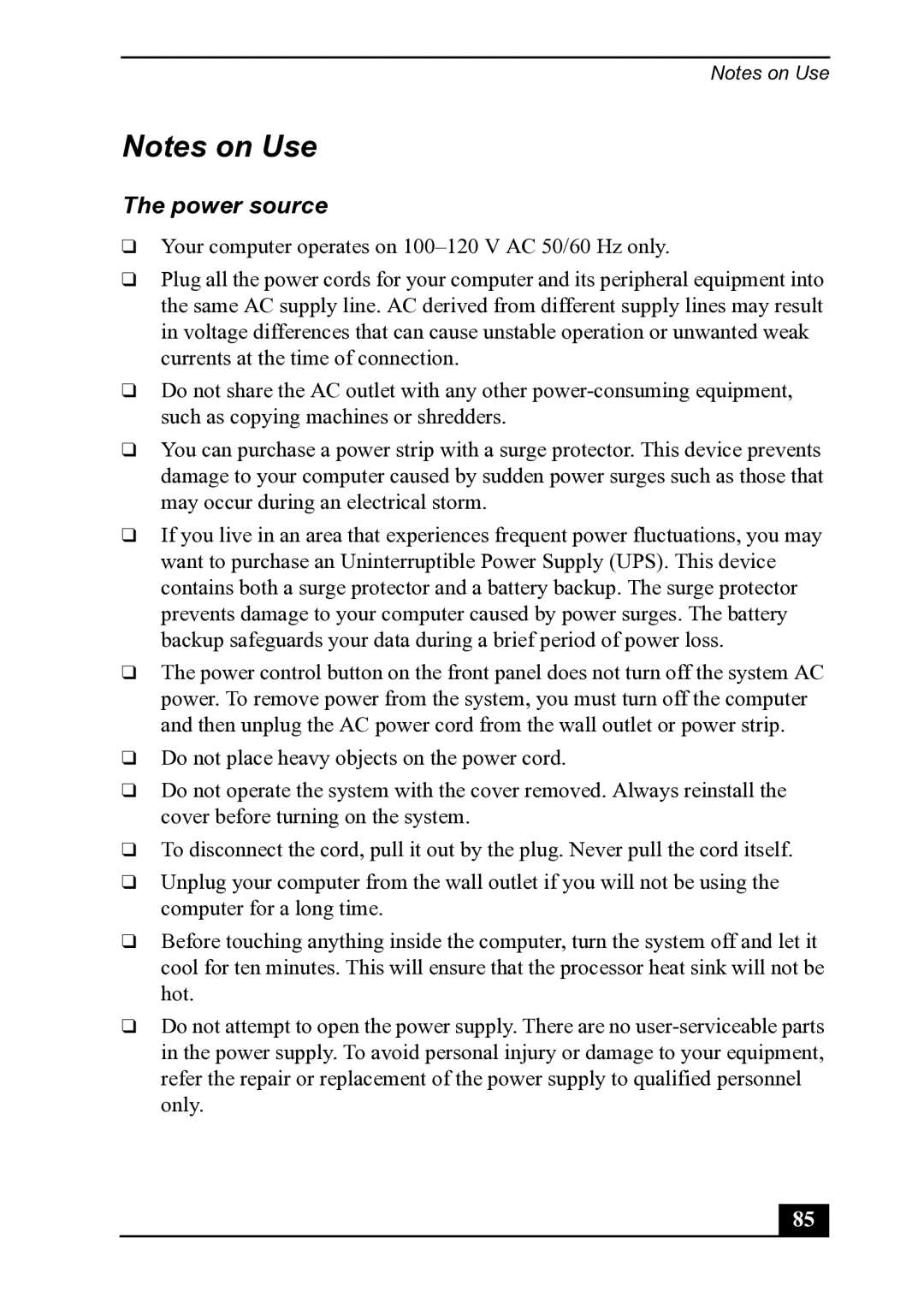 Sony PCV-MXS20 manual Power source 