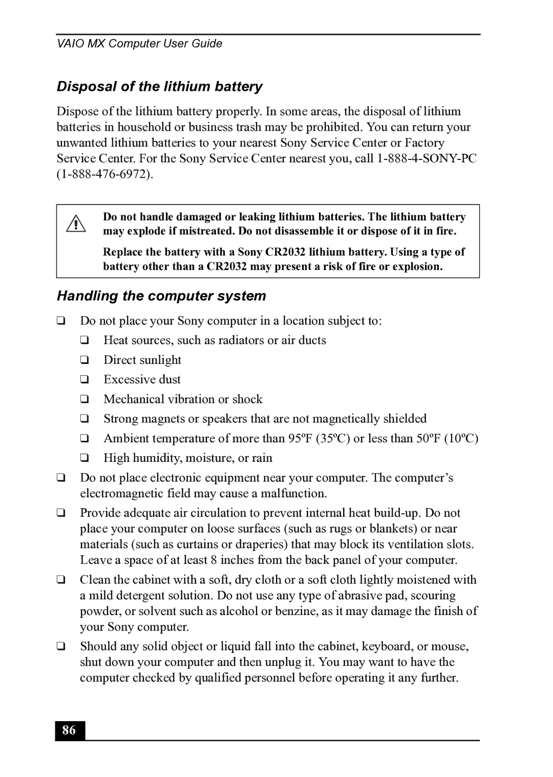 Sony PCV-MXS20 manual Disposal of the lithium battery, Handling the computer system 