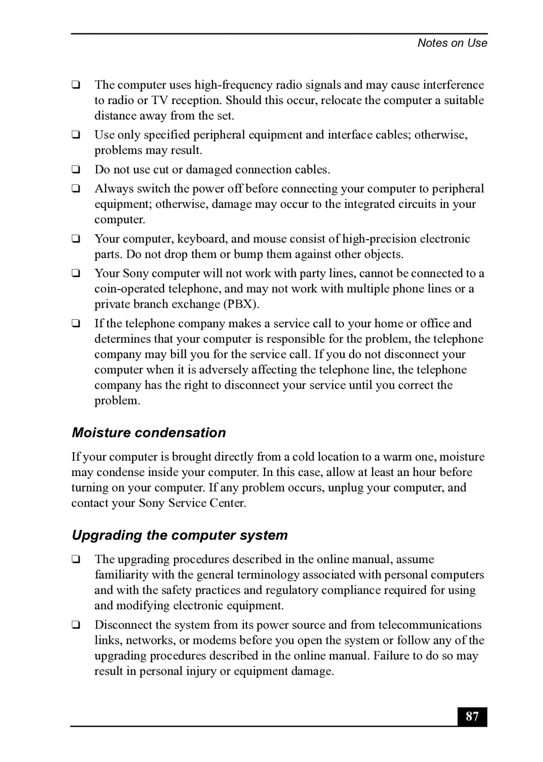 Sony PCV-MXS20 manual Moisture condensation, Upgrading the computer system 