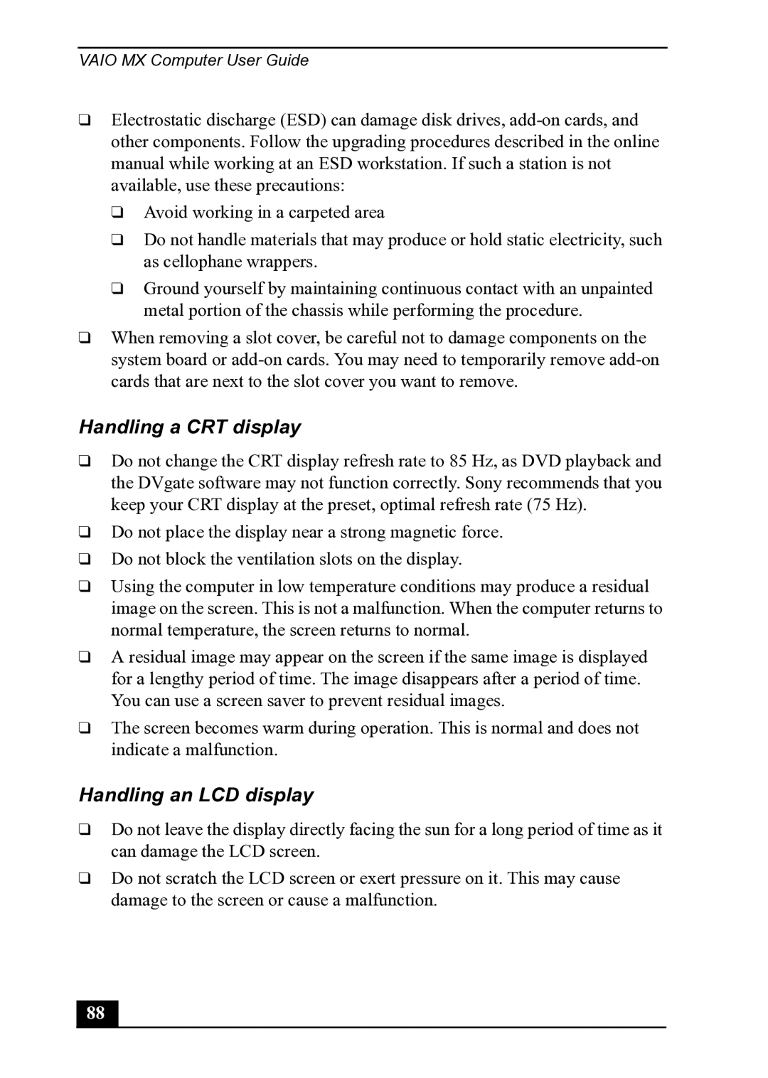 Sony PCV-MXS20 manual Handling a CRT display, Handling an LCD display 