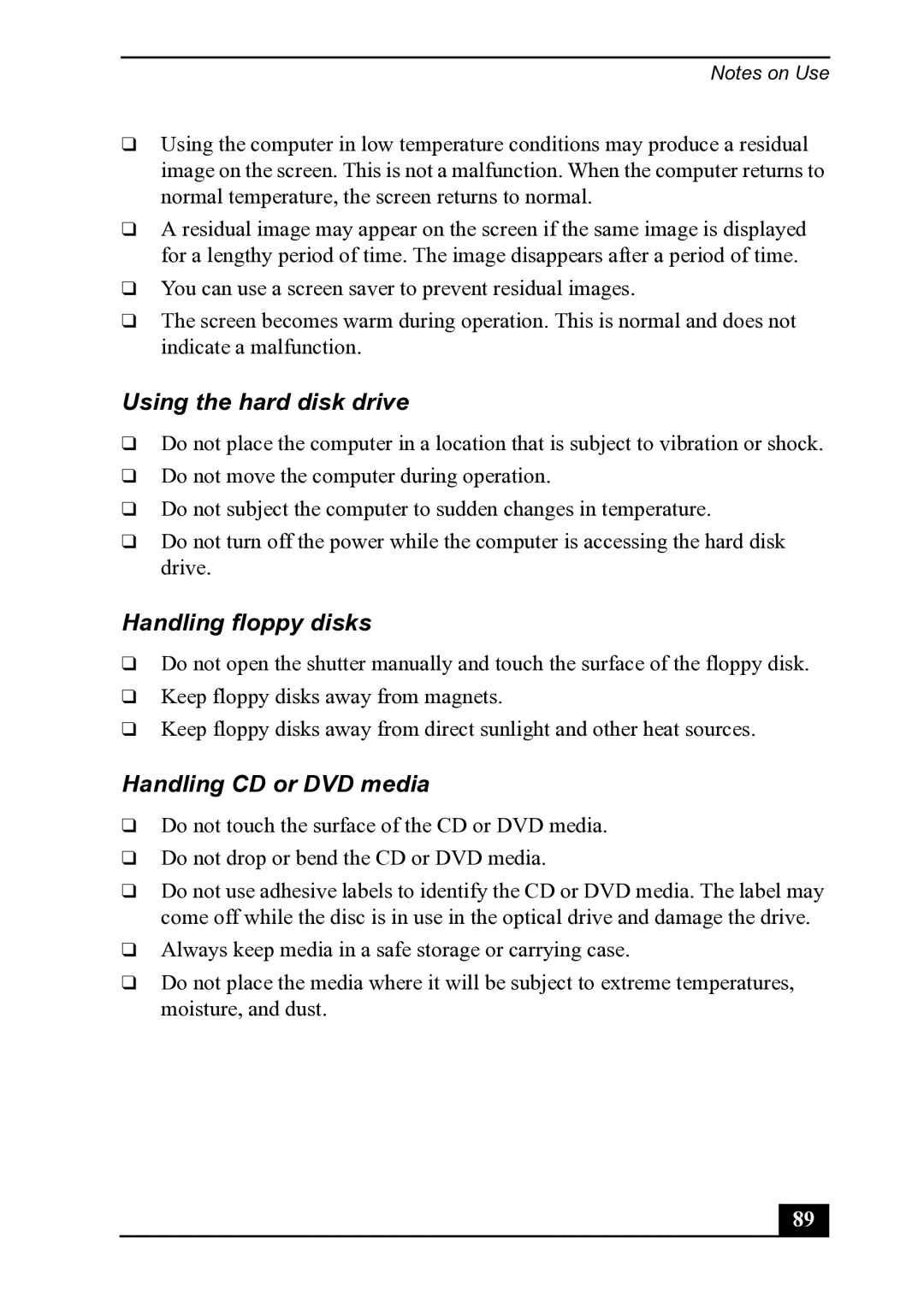 Sony PCV-MXS20 manual Using the hard disk drive, Handling floppy disks, Handling CD or DVD media 