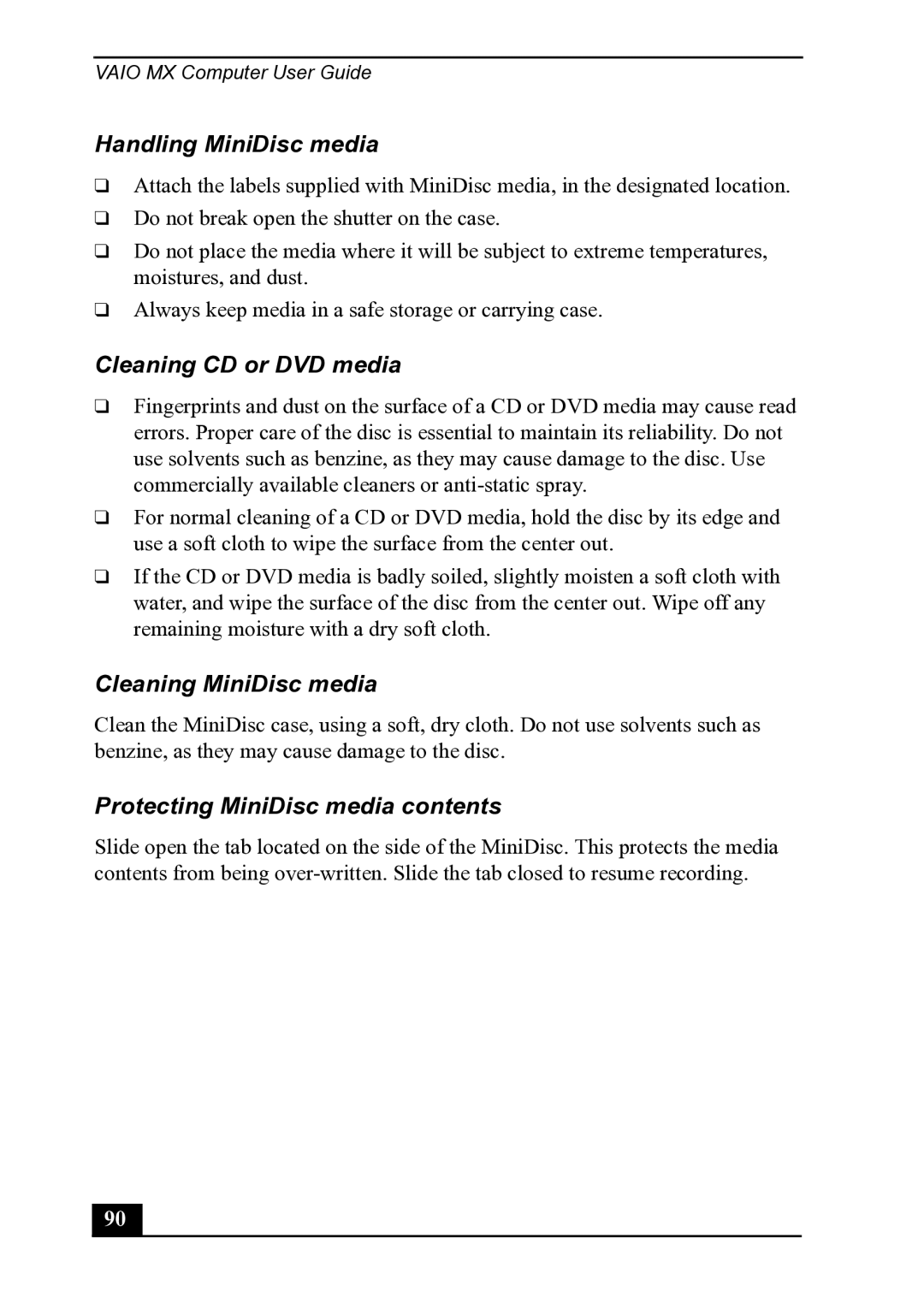 Sony PCV-MXS20 manual Handling MiniDisc media, Cleaning CD or DVD media, Cleaning MiniDisc media 