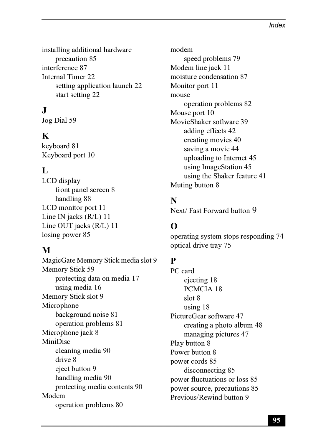 Sony PCV-MXS20 manual Index 