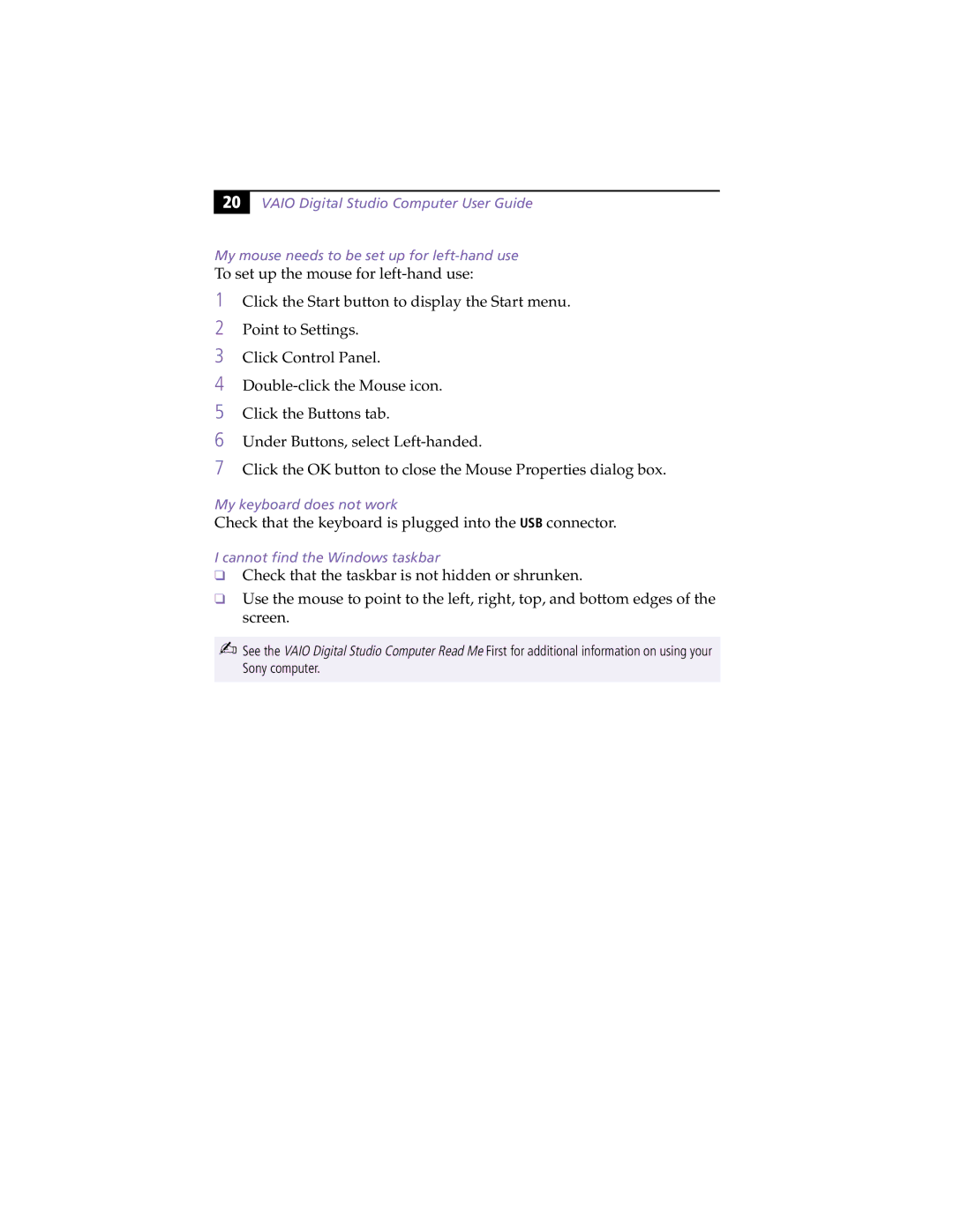 Sony PCV-R522DS, PCV-R526DS, PCV-R528DS manual Check that the keyboard is plugged into the USB connector 