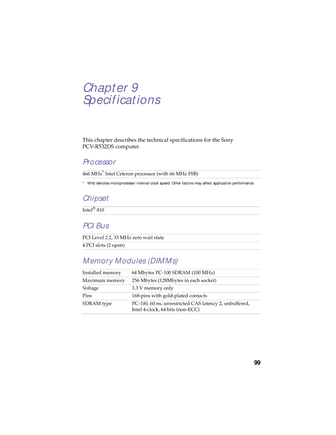 Sony PCV-R532DS manual Chapter Specifications, Processor, Chipset, PCI Bus, Memory Modules DIMMs 