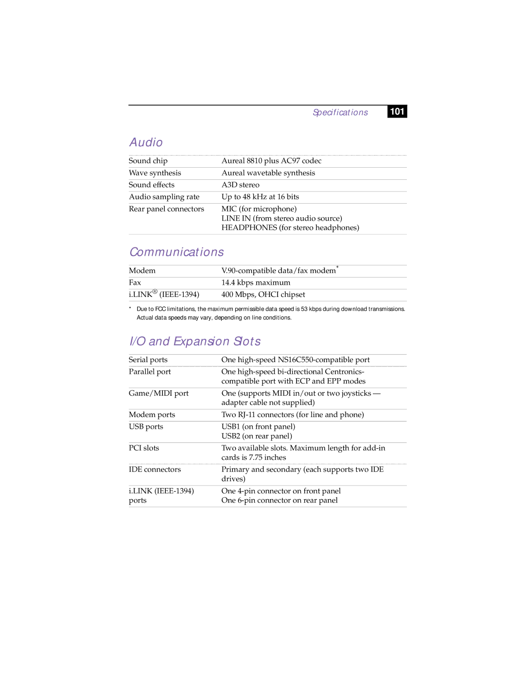 Sony PCV-R532DS manual Audio, Communications, Expansion Slots 