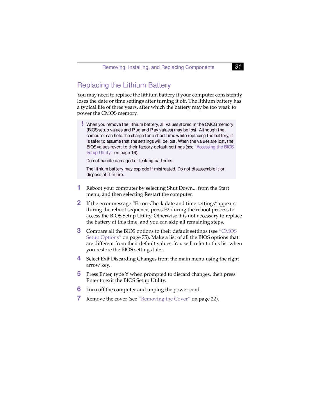 Sony PCV-R532DS manual Replacing the Lithium Battery 