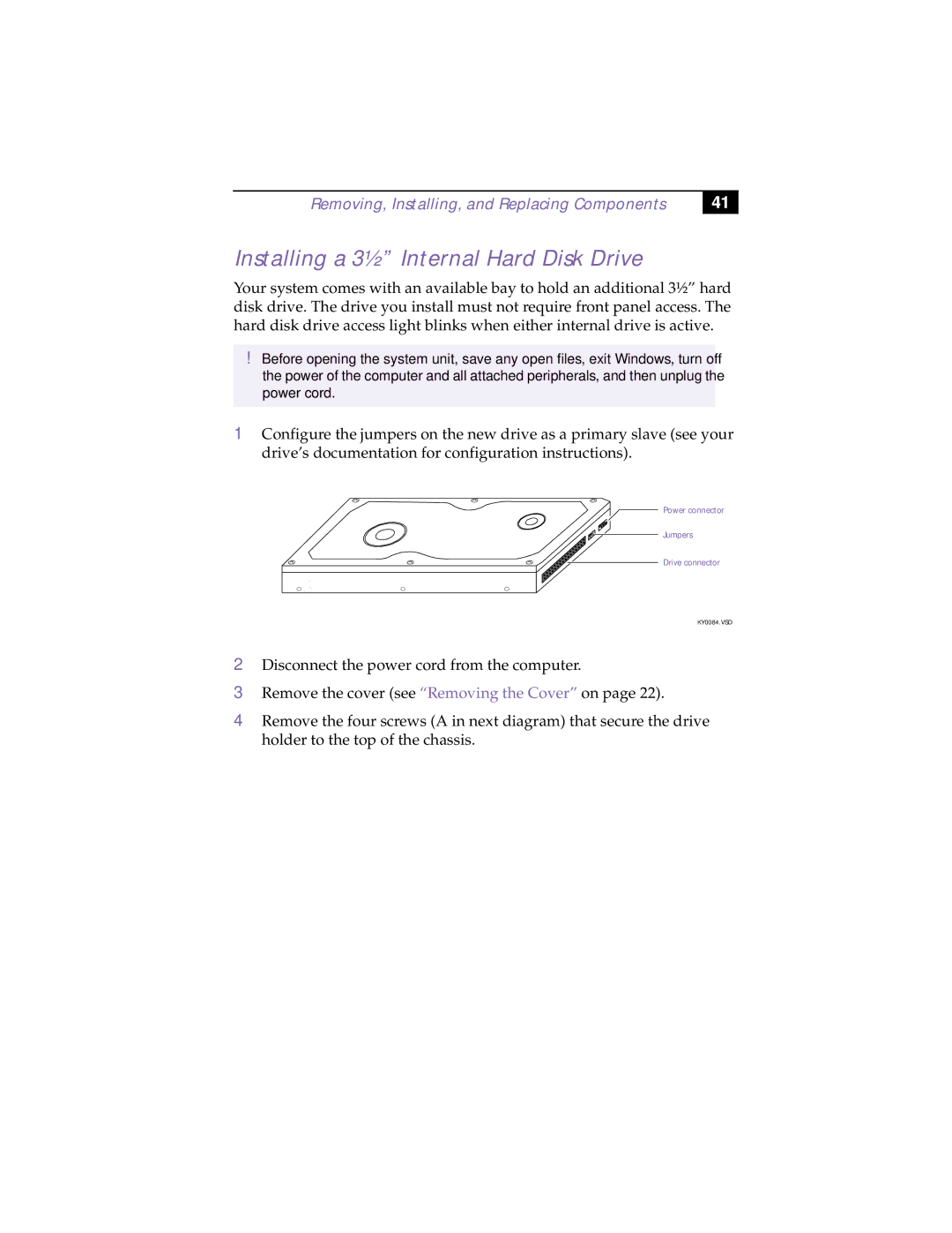 Sony PCV-R532DS manual Installing a 3½ Internal Hard Disk Drive 