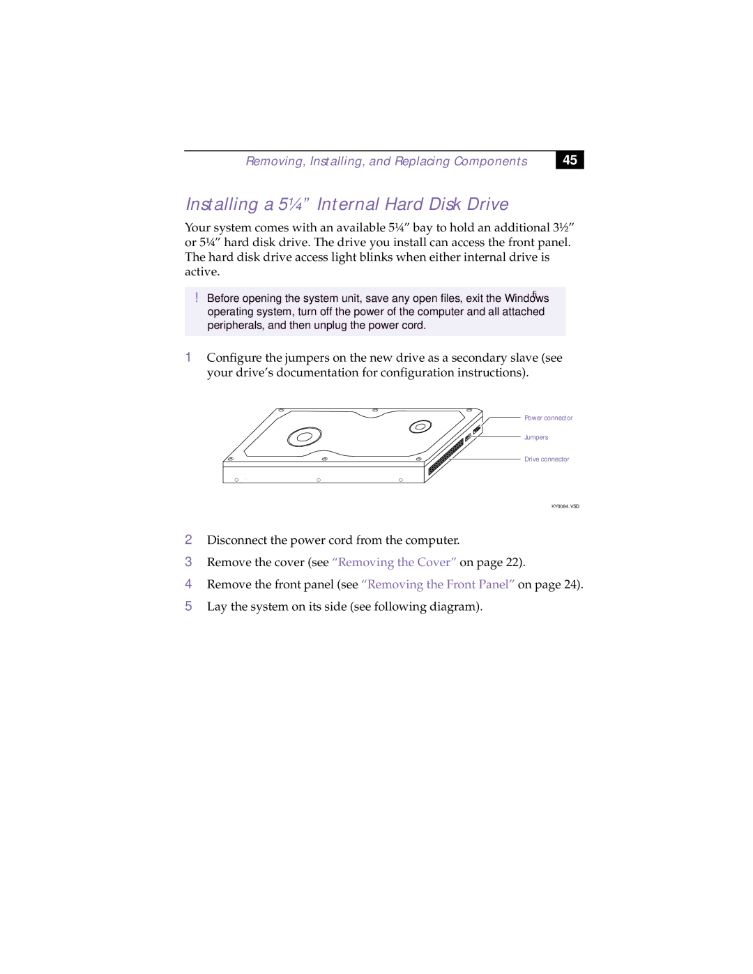 Sony PCV-R532DS manual Installing a 5¼ Internal Hard Disk Drive 