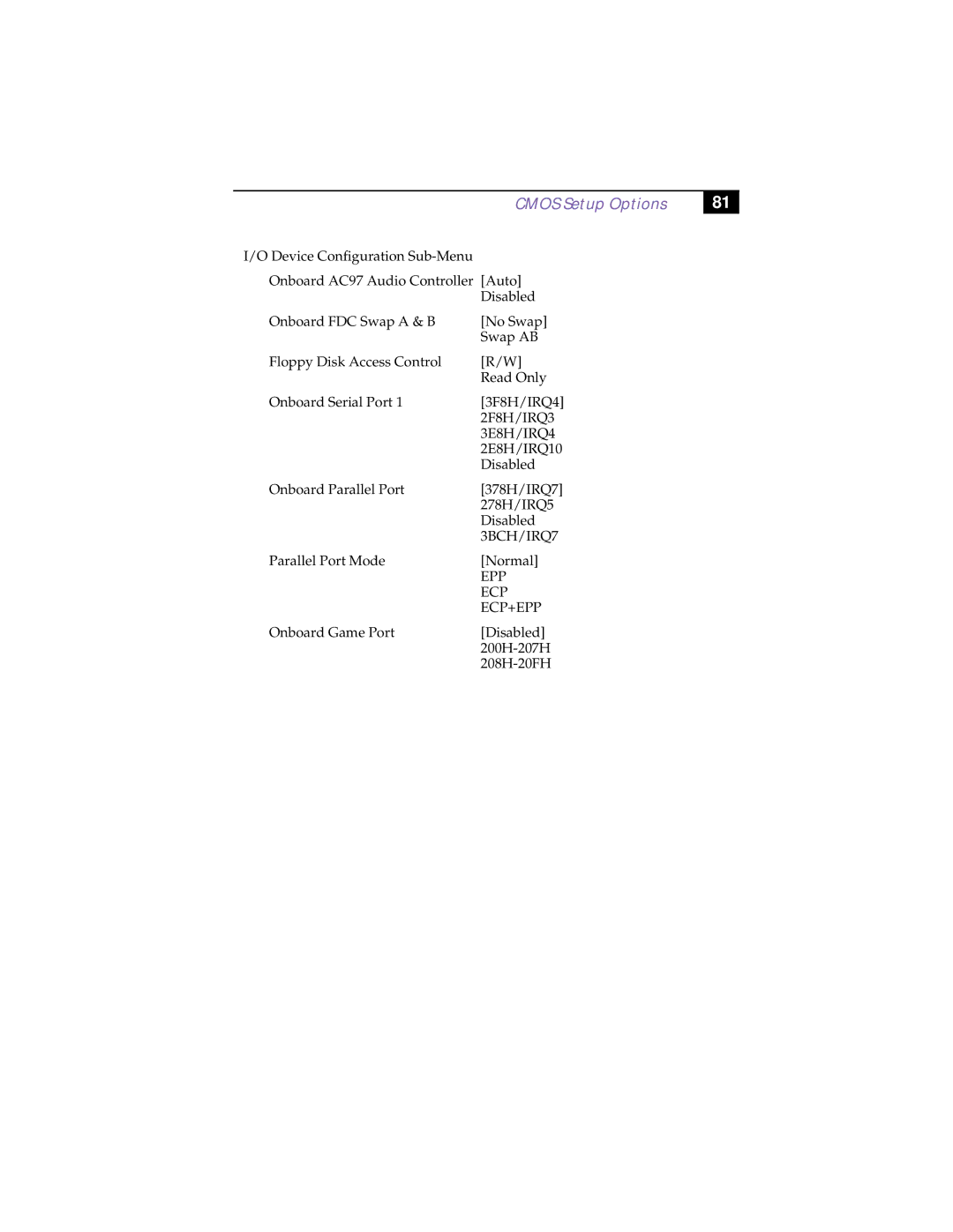 Sony PCV-R532DS manual 2F8H/IRQ3, 3E8H/IRQ4, 3BCH/IRQ7, Ecp+Epp 