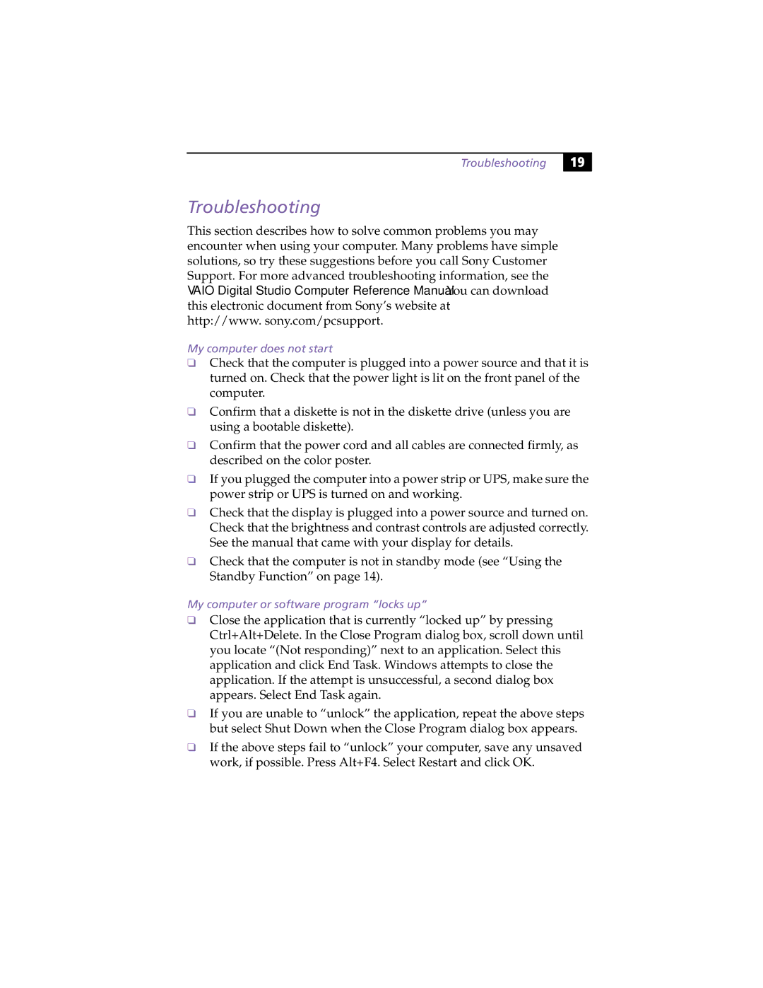 Sony PCV-R536DS, PCV-R539DS, PCV-R538DS manual Troubleshooting 