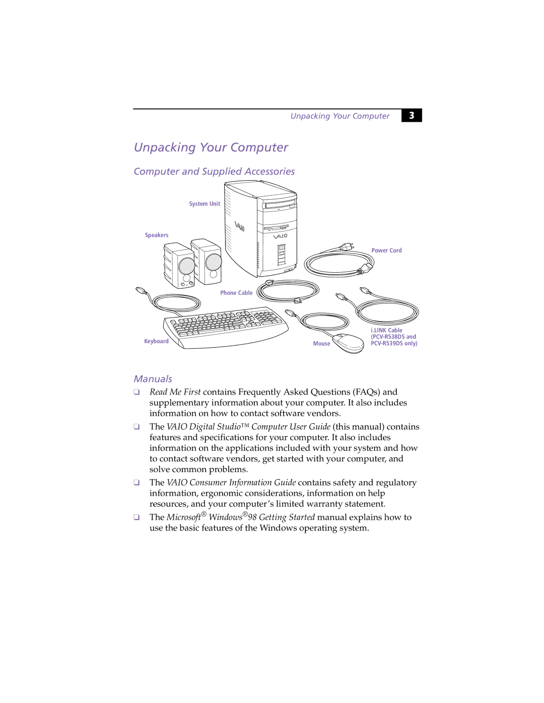 Sony PCV-R538DS, PCV-R539DS, PCV-R536DS manual Unpacking Your Computer, Computer and Supplied Accessories, Manuals 