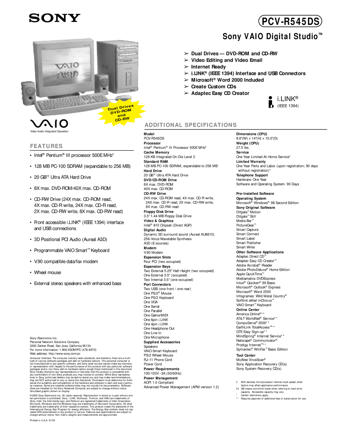 Sony PCV-R545DS dimensions Model Dimensions CPU, Processor, Cache Memory, Standard RAM, Hard Drive, DVD/CD-ROM Drive 