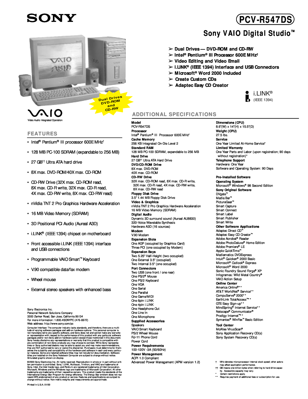 Sony PCV-R547DS dimensions Sony VAIO Digital Studio, i.LINK, Additional Specifications, Features 
