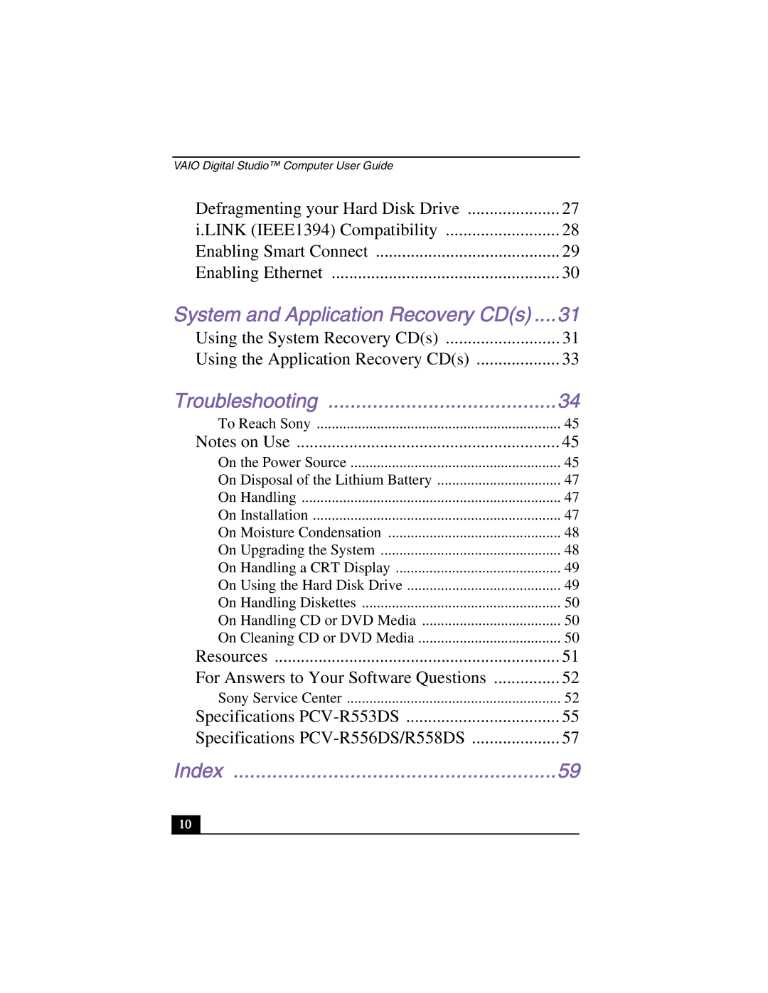 Sony PCV-R558DS, PCV-R553DS, PCV-R556DS manual Index 