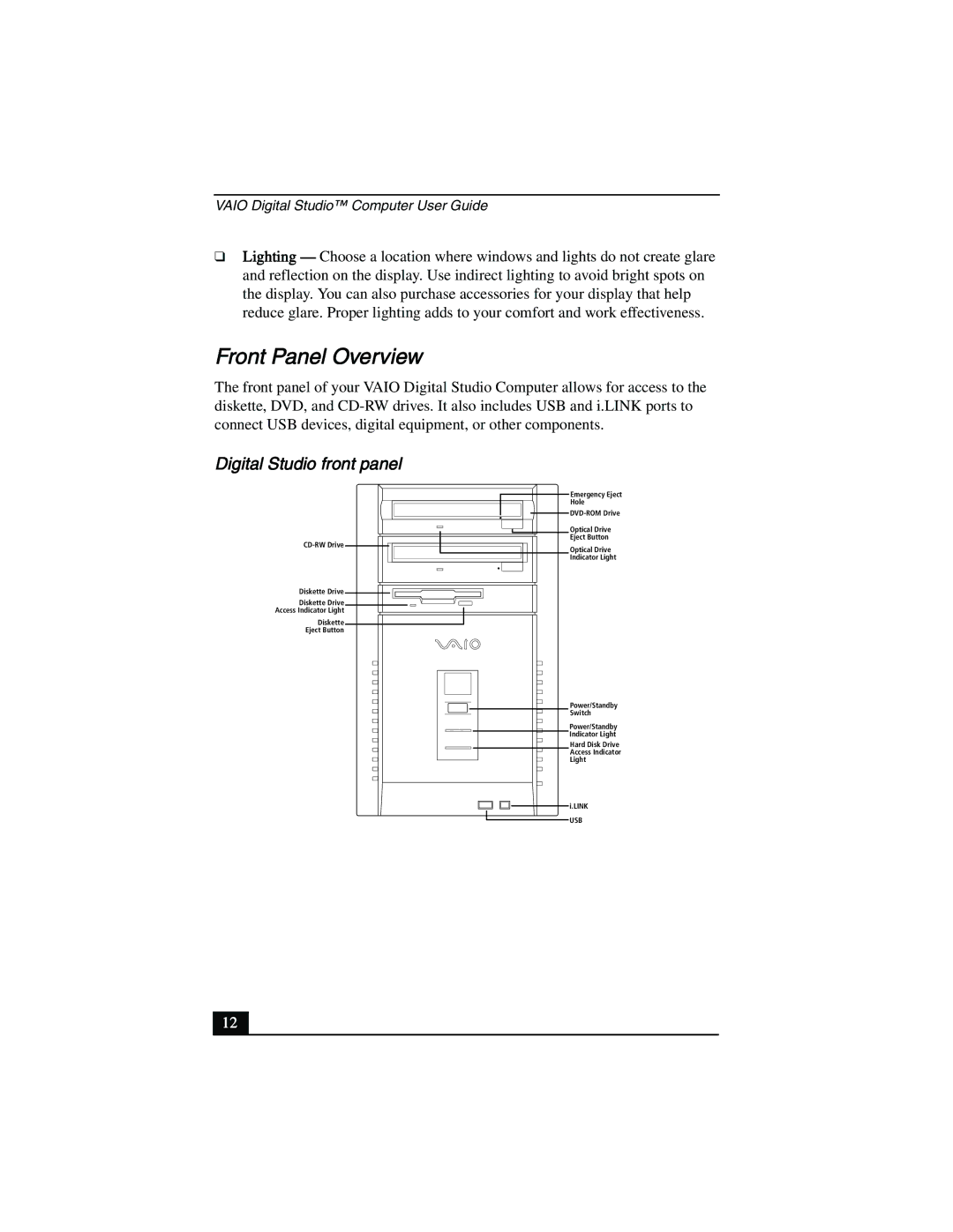 Sony PCV-R553DS, PCV-R558DS, PCV-R556DS manual Front Panel Overview, Digital Studio front panel 