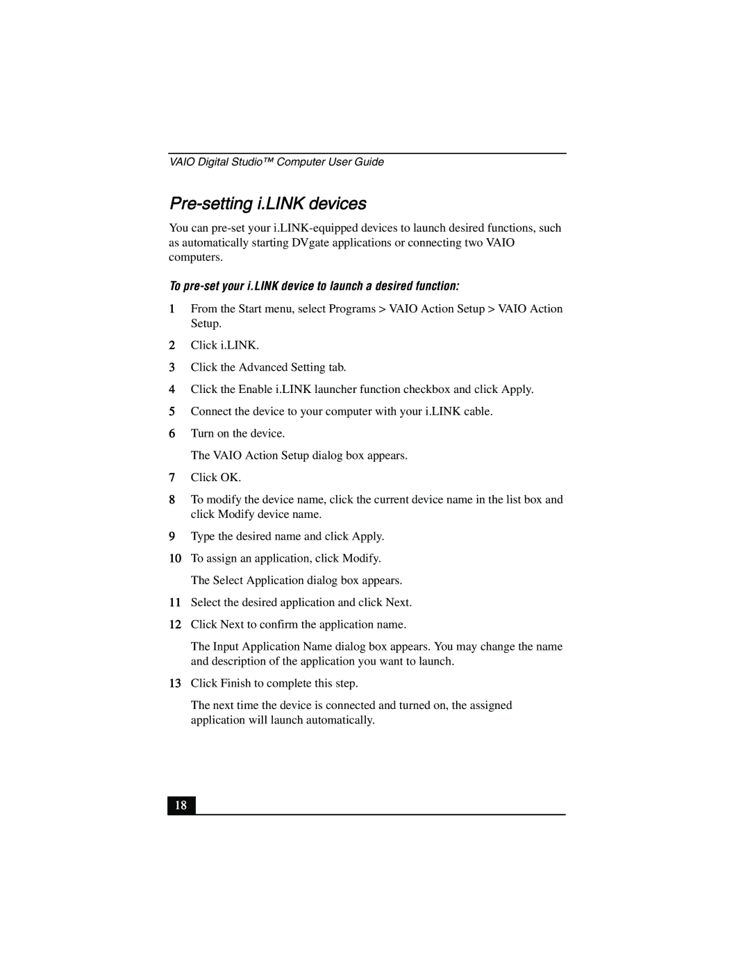 Sony PCV-R553DS, PCV-R558DS manual Pre-setting i.LINK devices, To pre-set your i.LINK device to launch a desired function 