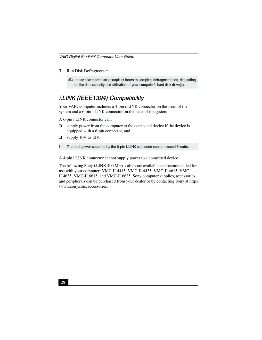 Sony PCV-R558DS, PCV-R553DS, PCV-R556DS manual Link IEEE1394 Compatibility, Run Disk Defragmenter 