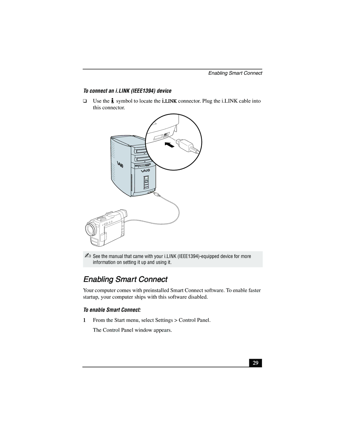 Sony PCV-R556DS, PCV-R553DS manual Enabling Smart Connect, To connect an i.LINK IEEE1394 device, To enable Smart Connect 