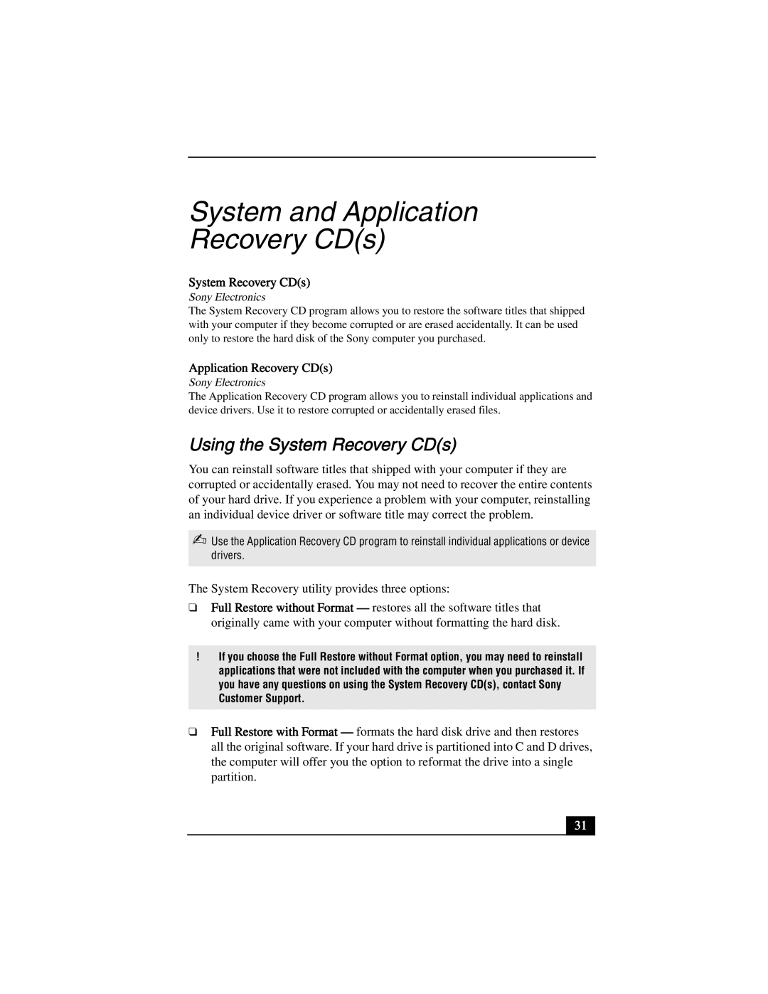 Sony PCV-R558DS, PCV-R553DS, PCV-R556DS manual System and Application Recovery CDs, Using the System Recovery CDs 