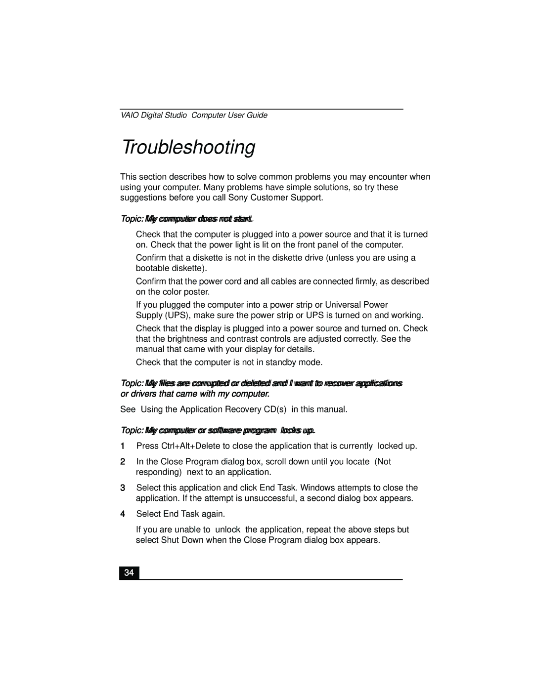 Sony PCV-R558DS manual Troubleshooting, Topic My computer does not start, Topic My computer or software program locks up 