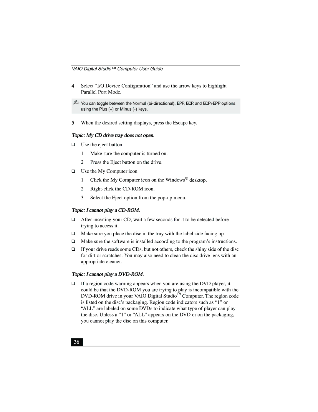 Sony PCV-R553DS manual Topic My CD drive tray does not open, Topic I cannot play a CD-ROM, Topic I cannot play a DVD-ROM 