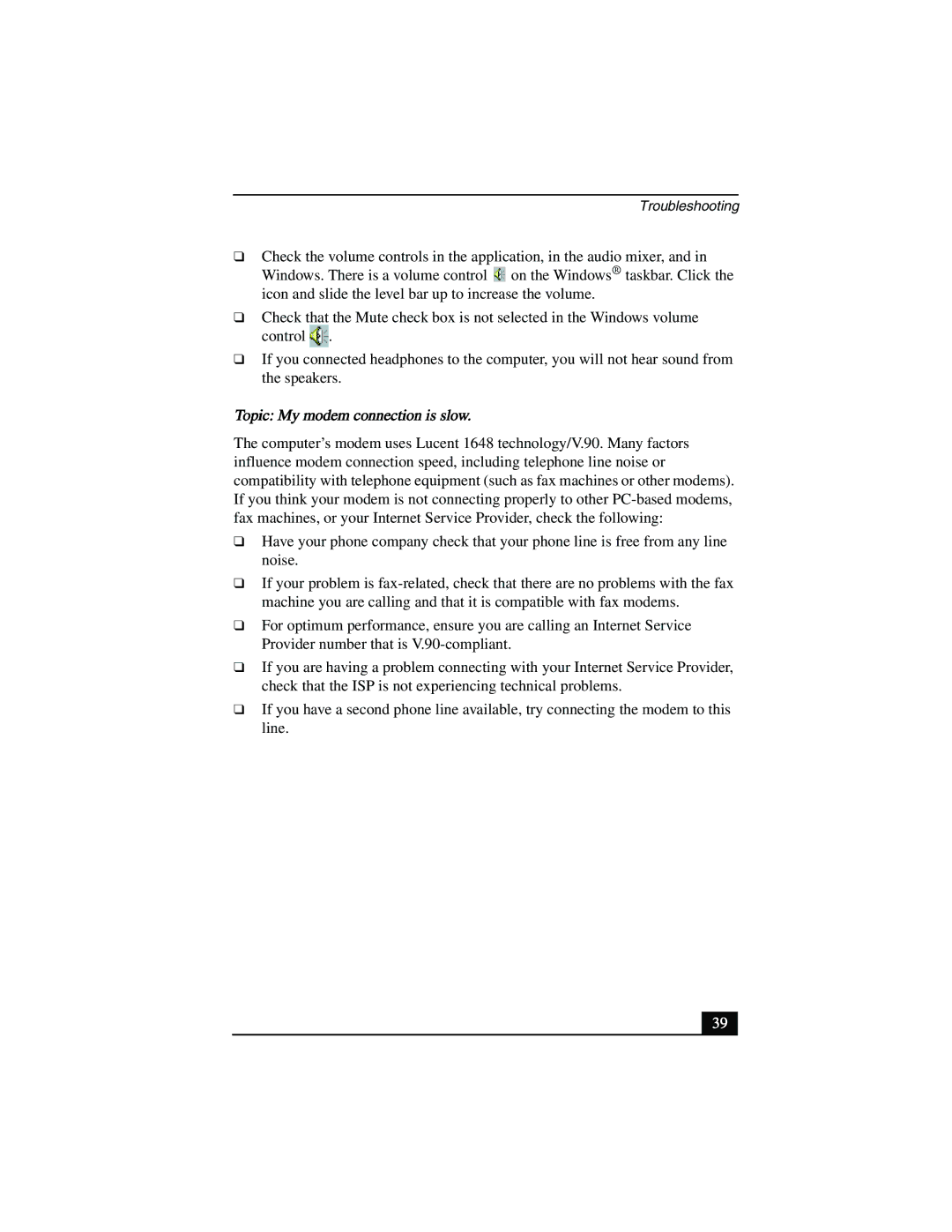 Sony PCV-R553DS, PCV-R558DS, PCV-R556DS manual Topic My modem connection is slow 