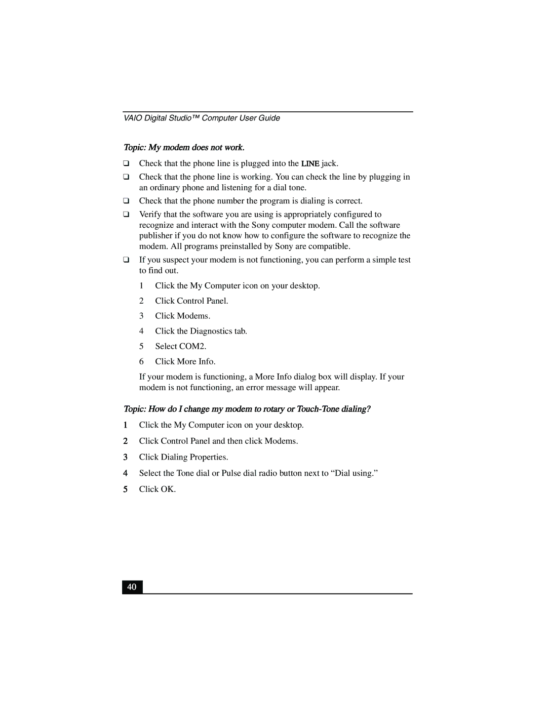 Sony PCV-R558DS, PCV-R553DS, PCV-R556DS manual Topic My modem does not work 