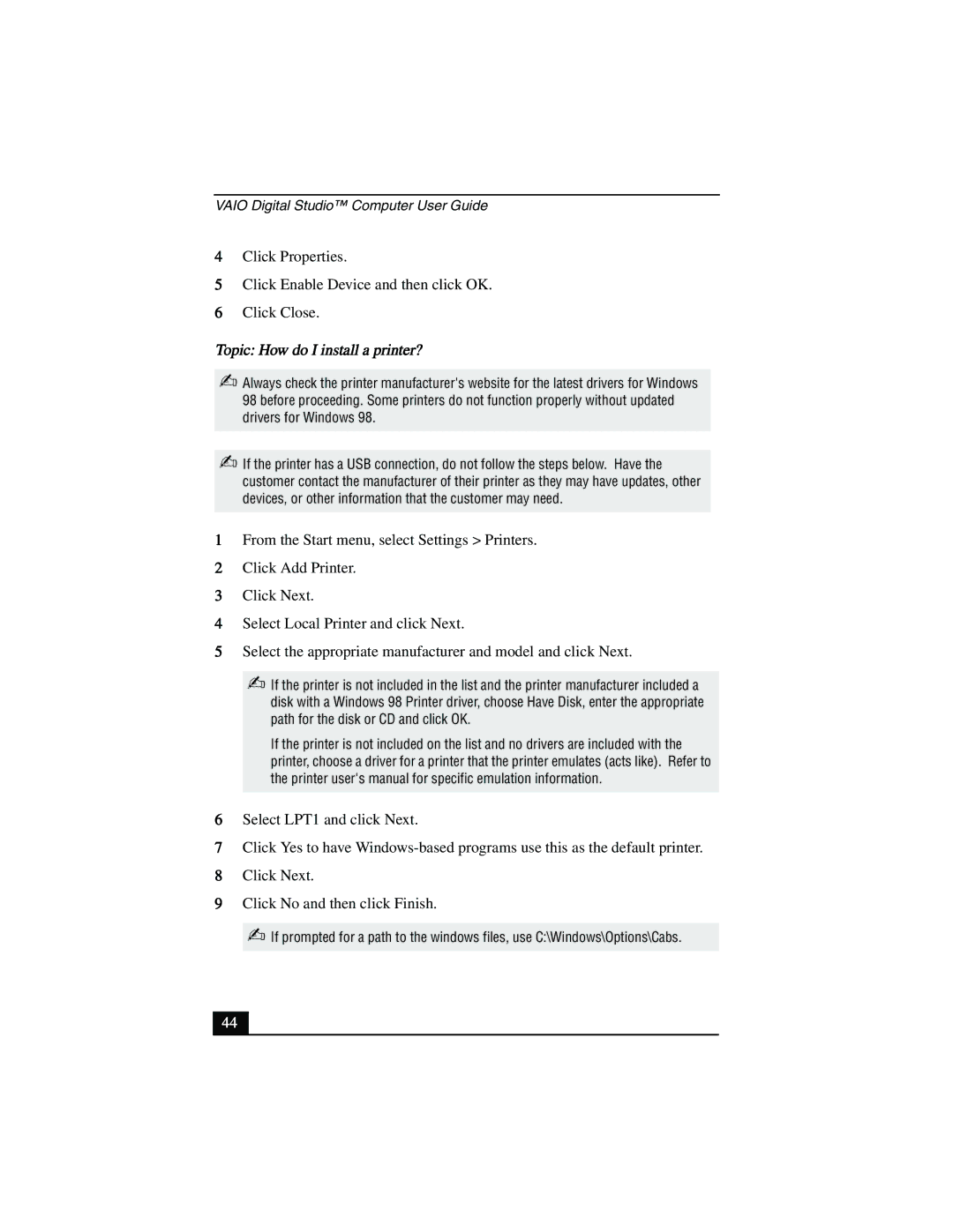 Sony PCV-R556DS, PCV-R553DS, PCV-R558DS manual Topic How do I install a printer? 