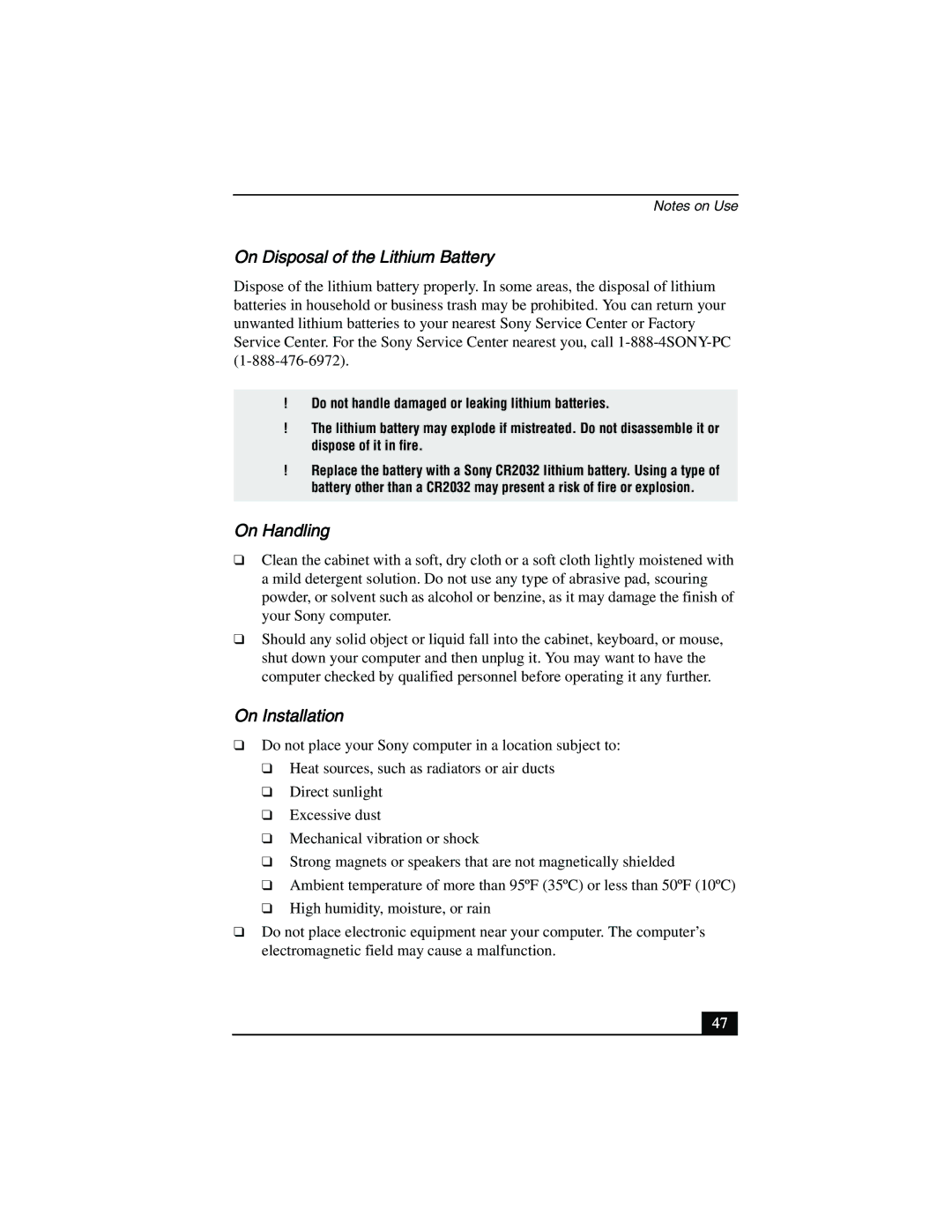 Sony PCV-R556DS, PCV-R553DS, PCV-R558DS manual On Disposal of the Lithium Battery, On Handling, On Installation 