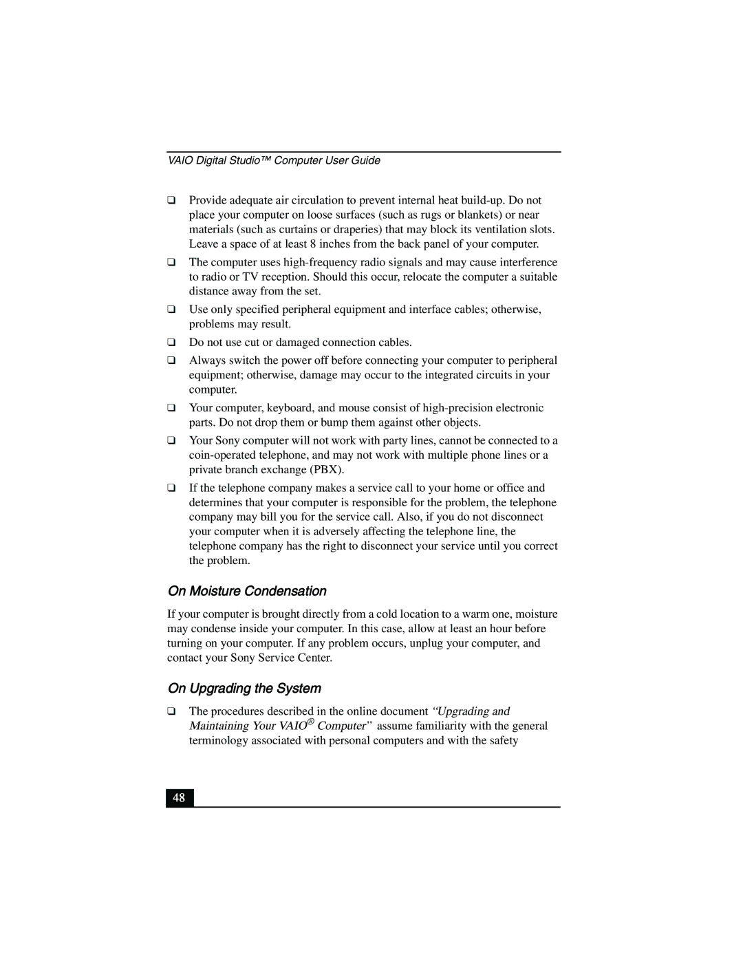 Sony PCV-R553DS, PCV-R558DS, PCV-R556DS manual On Moisture Condensation, On Upgrading the System 