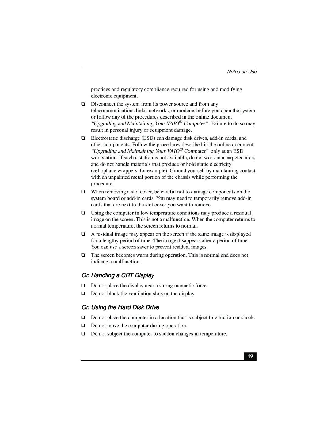 Sony PCV-R558DS, PCV-R553DS, PCV-R556DS manual On Handling a CRT Display, On Using the Hard Disk Drive 